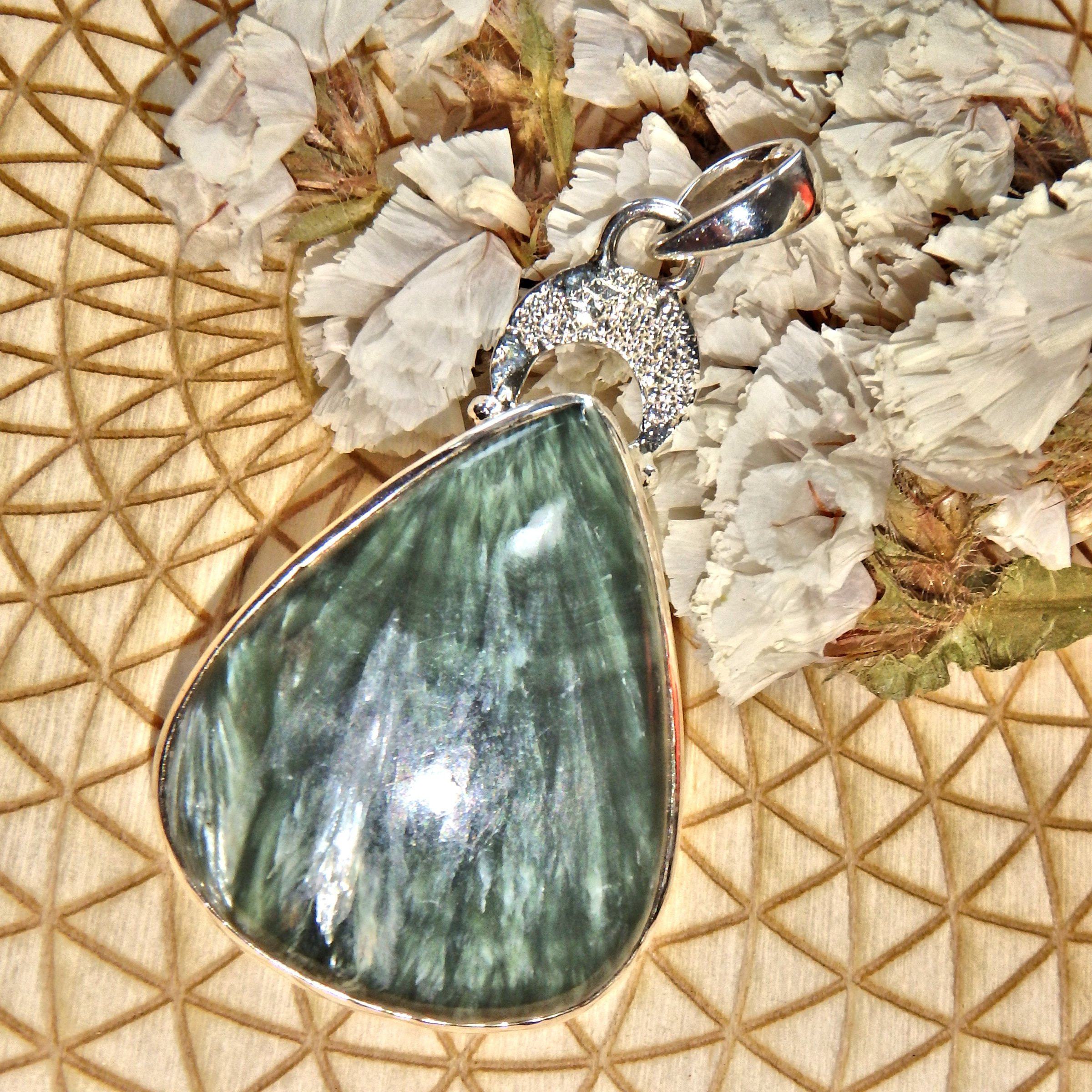 Billowy Silver Patterns Seraphinite  Pendant in Sterling Silver (Includes Silver Chain) - Earth Family Crystals