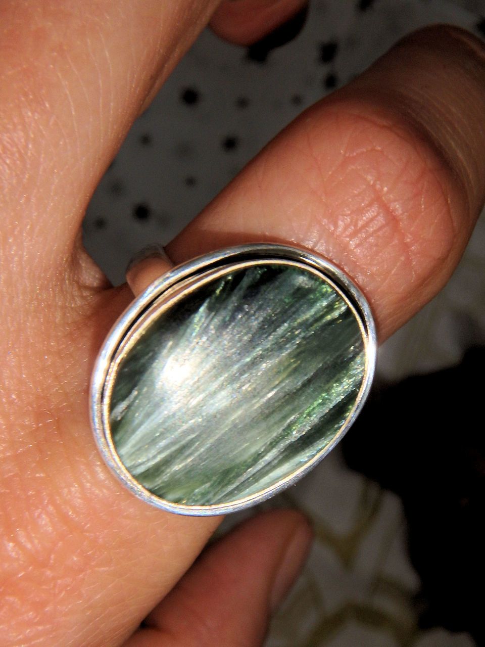 Shimmering Silver Feathers Seraphinite Ring in Sterling Silver (Size 10.5) - Earth Family Crystals