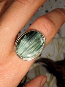 Shimmering Silver Feathers Seraphinite Ring in Sterling Silver (Size 10.5) - Earth Family Crystals