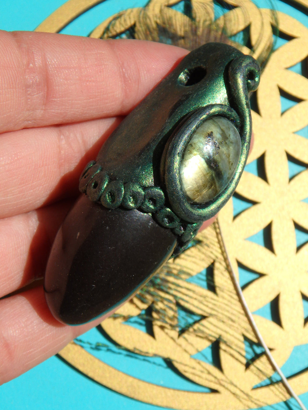 Brilliant Golden Labradorite & Master Shamanite Handmade Energy Pendant (On Adjustable Cotton Cord) - Earth Family Crystals