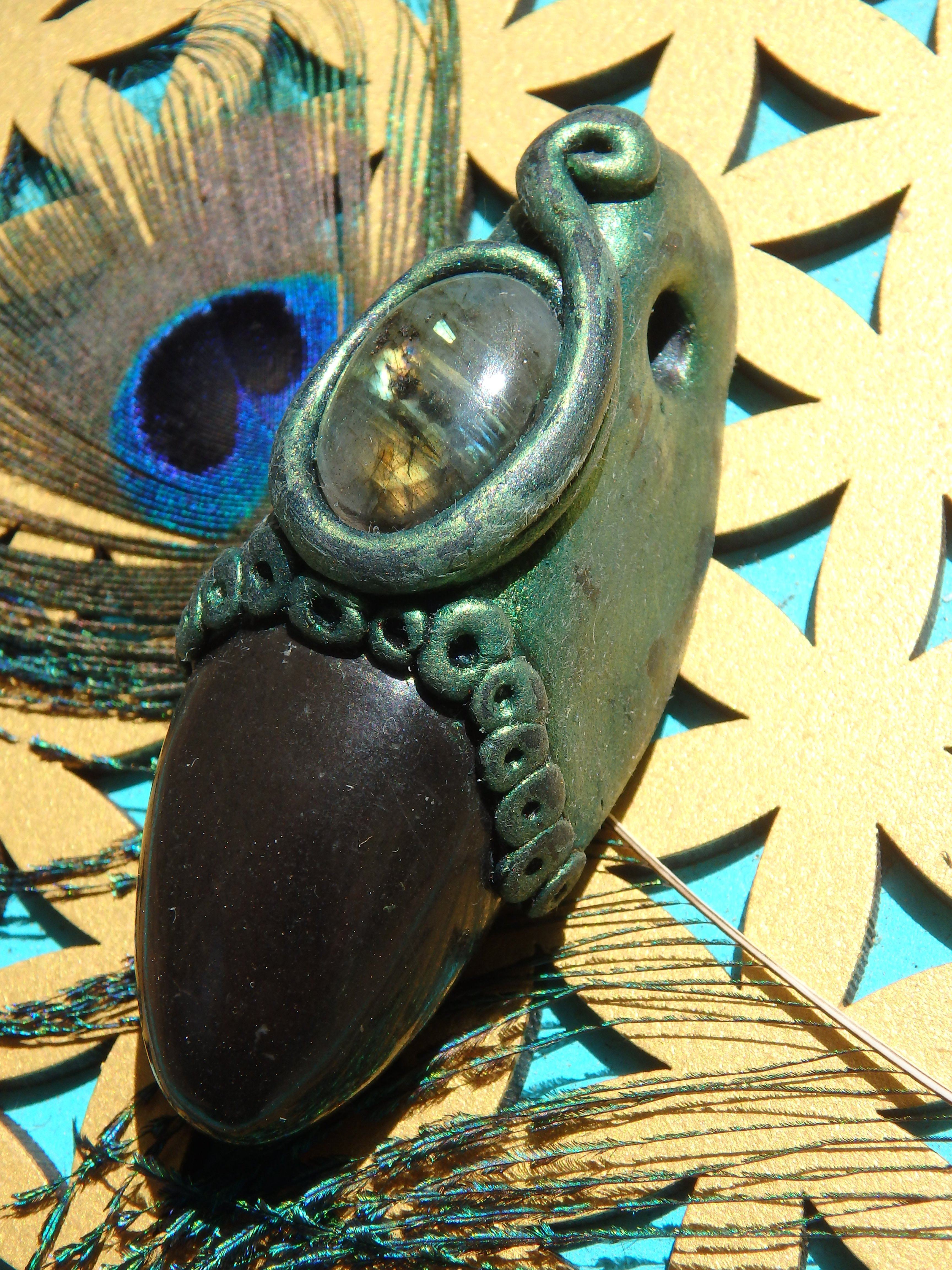 Brilliant Golden Labradorite & Master Shamanite Handmade Energy Pendant (On Adjustable Cotton Cord) - Earth Family Crystals