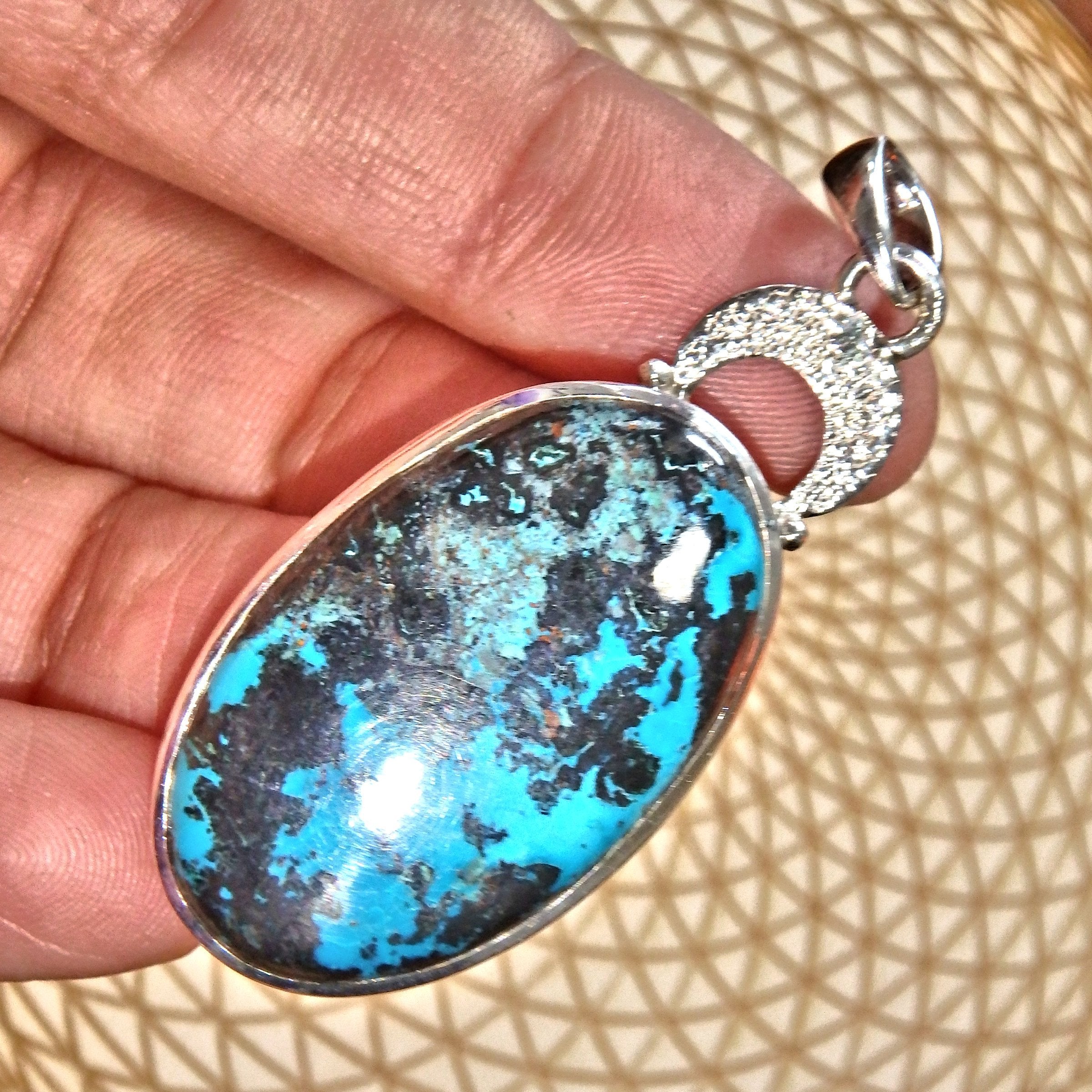 Vibrant Blue Splashes of Color Shattuckite  Pendant in Sterling Silver (Includes Silver Chain) - Earth Family Crystals