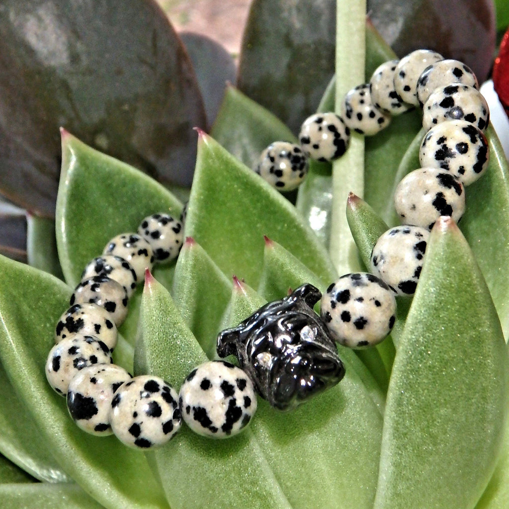 Dalmatian Jasper Bracelet With Bulldog Charm on Stretchy Cord - Earth Family Crystals