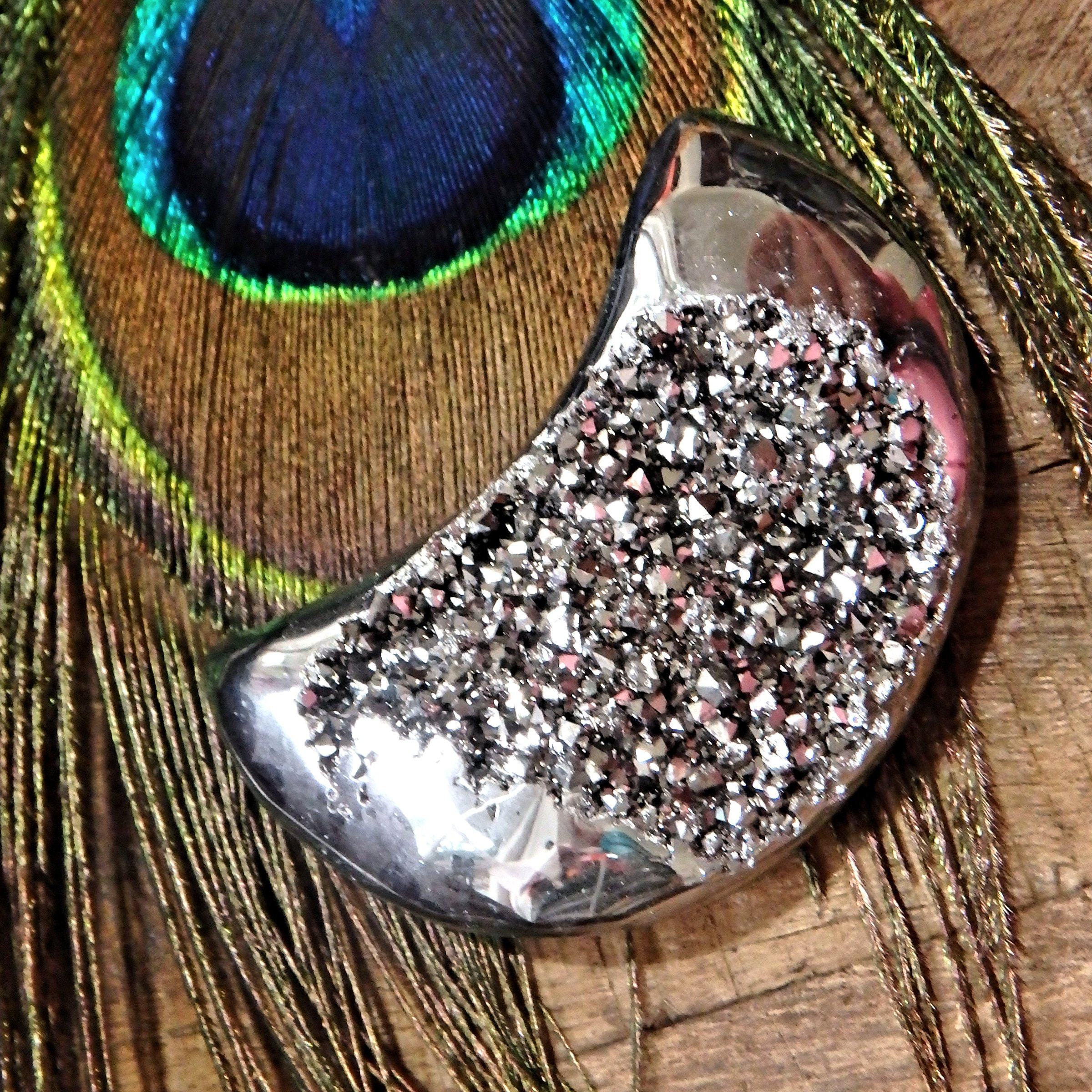 Adorable Druzy Sparkle Silver Aura Quartz & Agate Geode Crescent Moon Carving - Earth Family Crystals