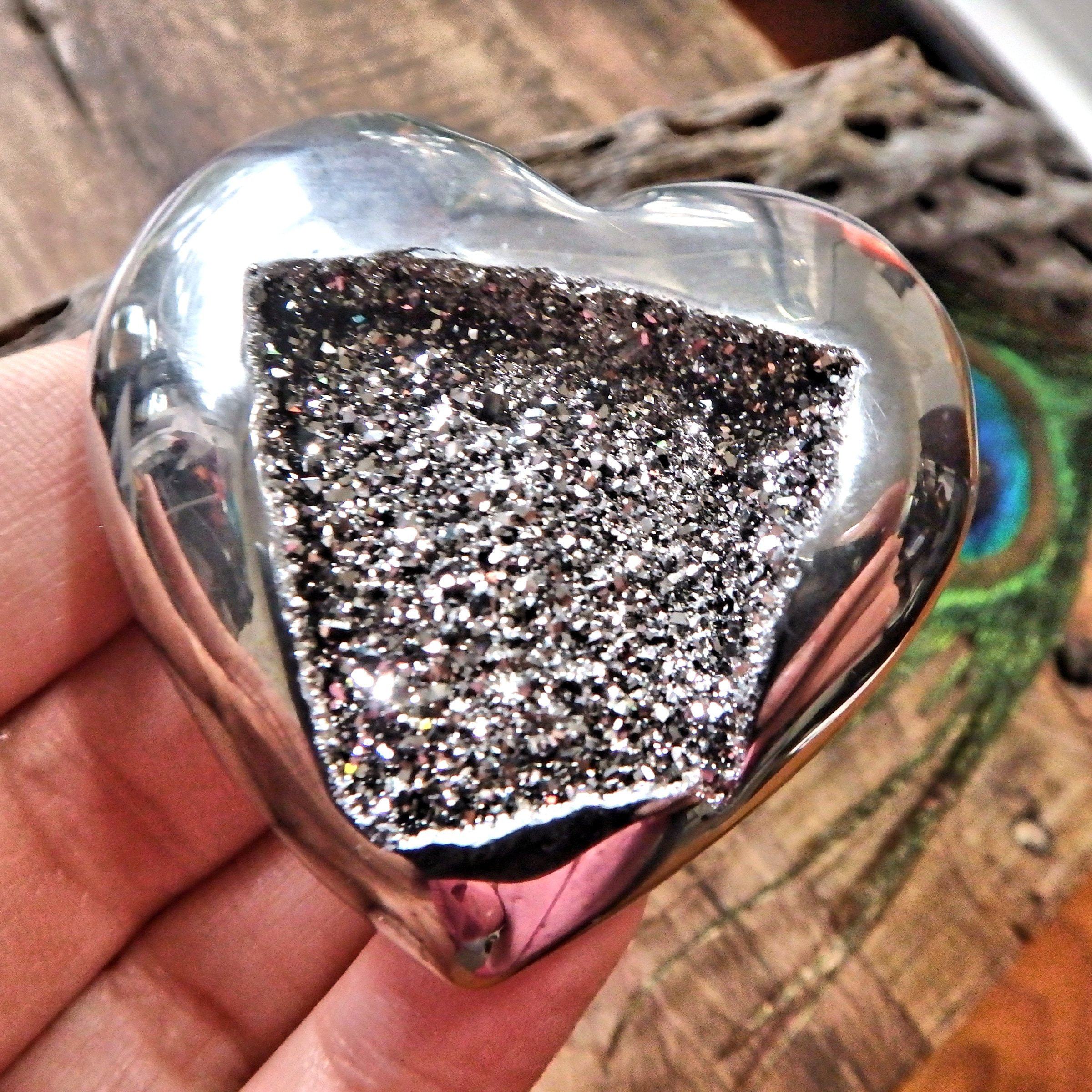 Brilliant Druzy Sparkle Silver Aura Quartz & Agate Geode Heart Carving - Earth Family Crystals