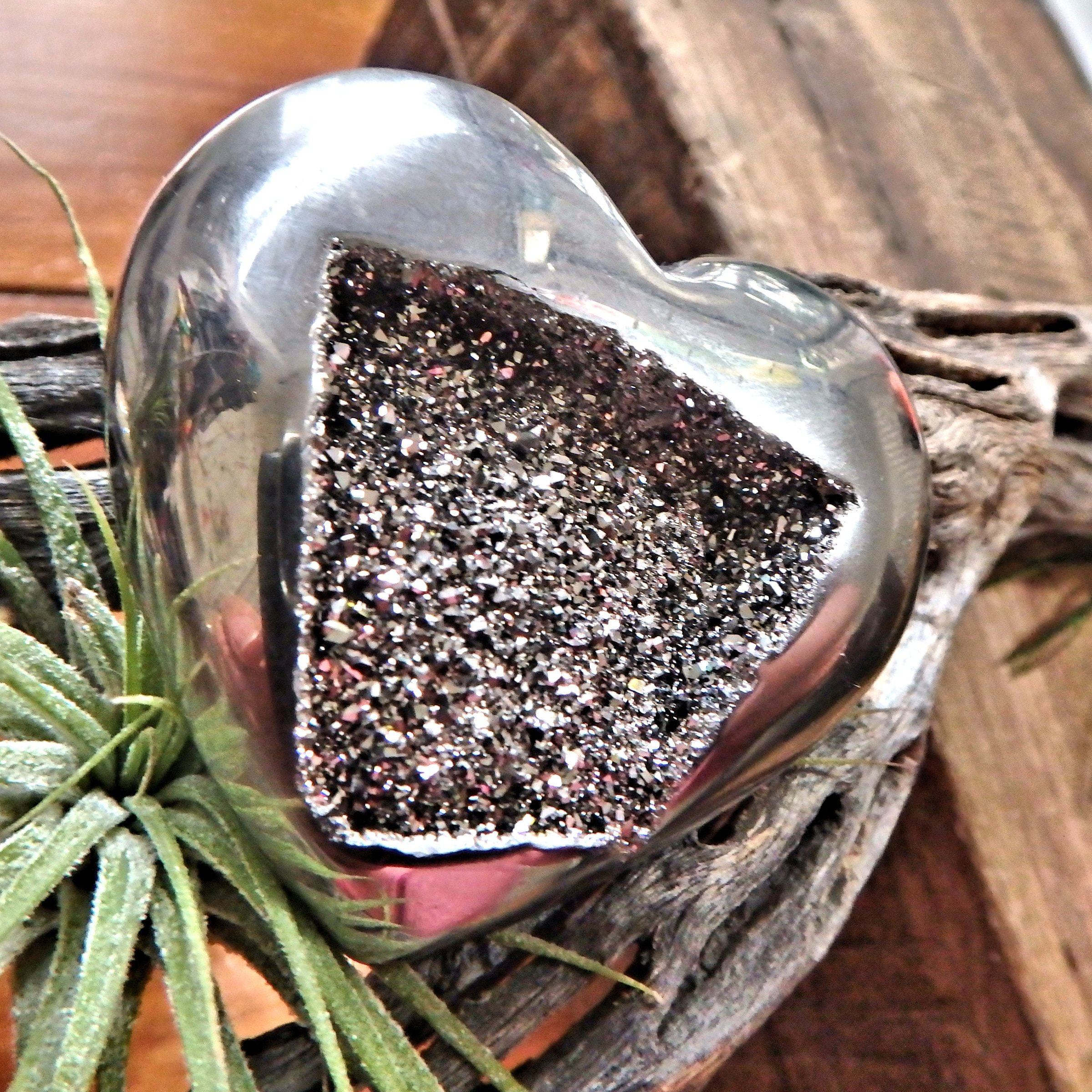 Brilliant Druzy Sparkle Silver Aura Quartz & Agate Geode Heart Carving - Earth Family Crystals