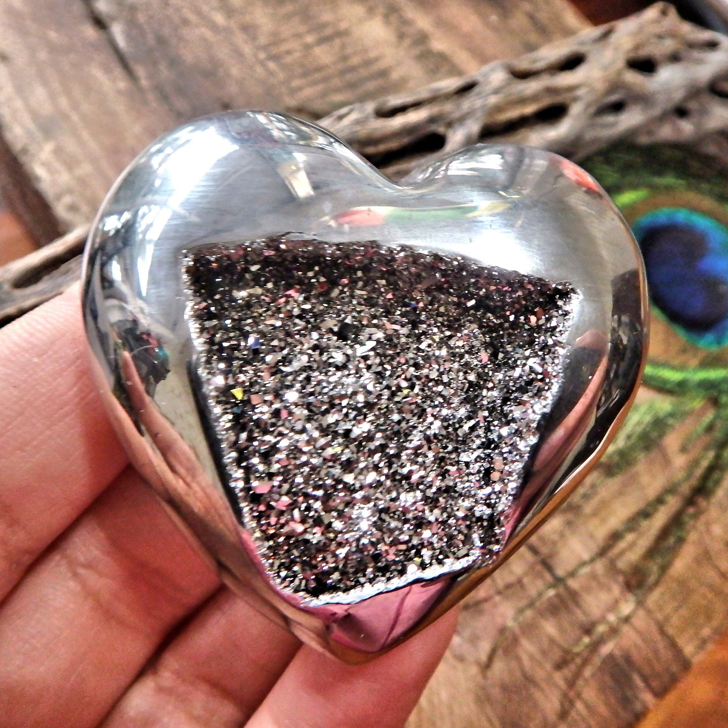 Brilliant Druzy Sparkle Silver Aura Quartz & Agate Geode Heart Carving - Earth Family Crystals