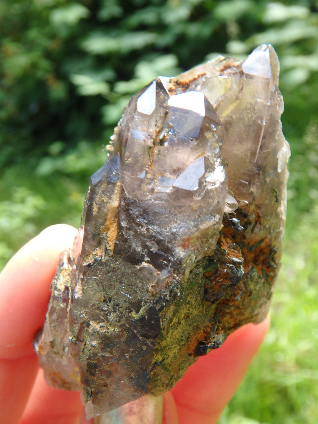 Brilliant Elestial Smoky Quartz With Forest Green Epidote Blades Nestled Inside - Earth Family Crystals