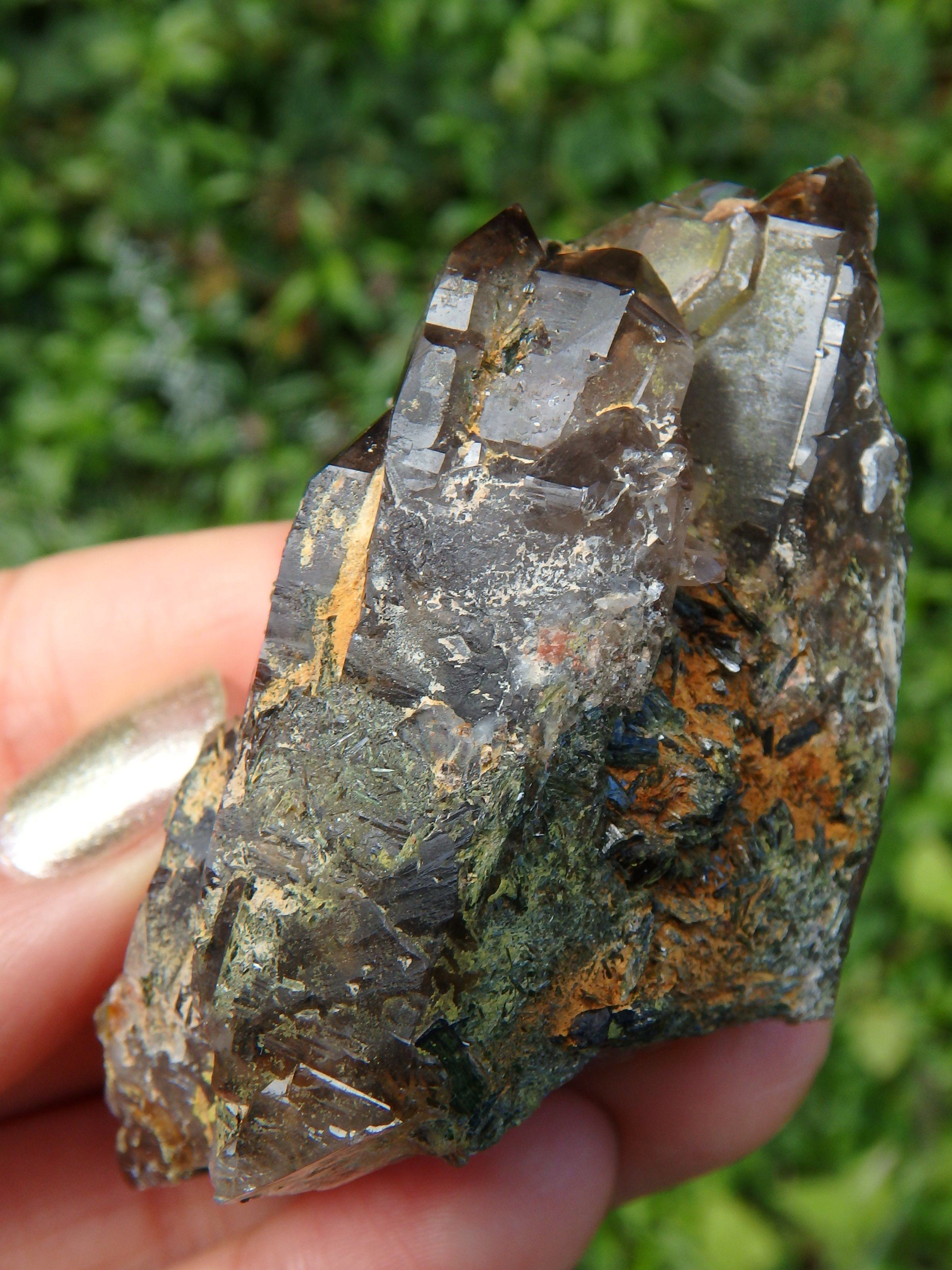Brilliant Elestial Smoky Quartz With Forest Green Epidote Blades Nestled Inside - Earth Family Crystals