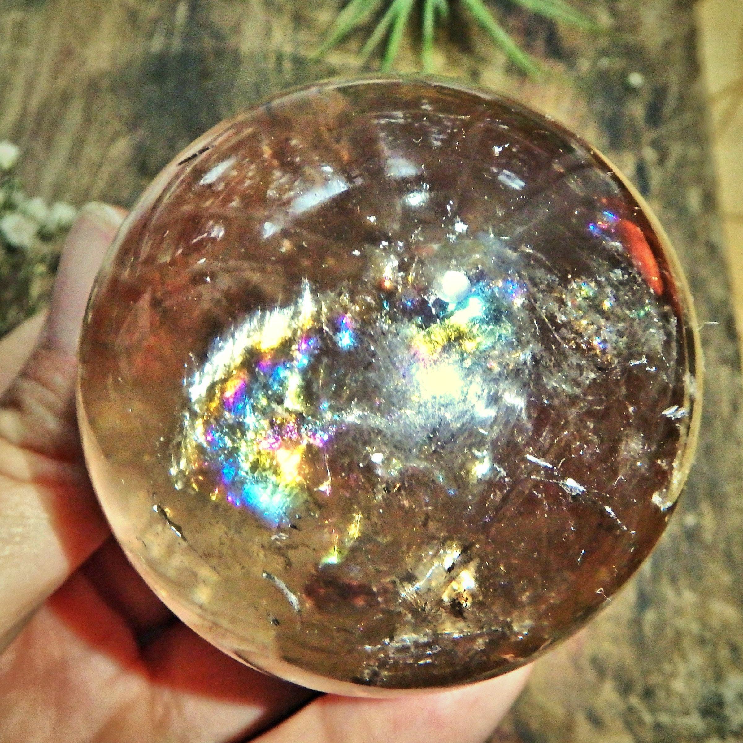 Breathtaking Unique Inner Child Point & Rainbows Smoky Quartz Sphere Carving - Earth Family Crystals