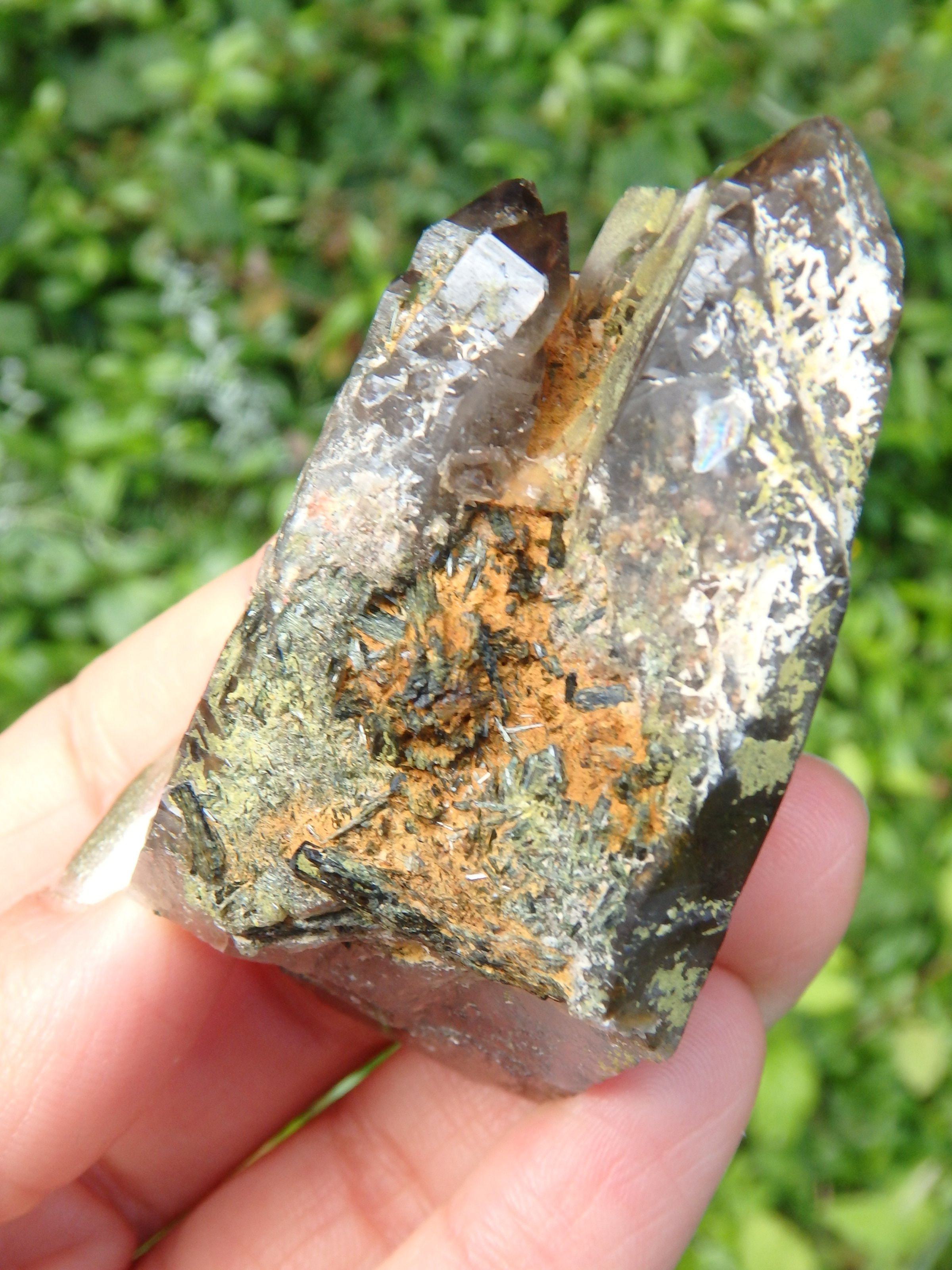 Brilliant Elestial Smoky Quartz With Forest Green Epidote Blades Nestled Inside - Earth Family Crystals