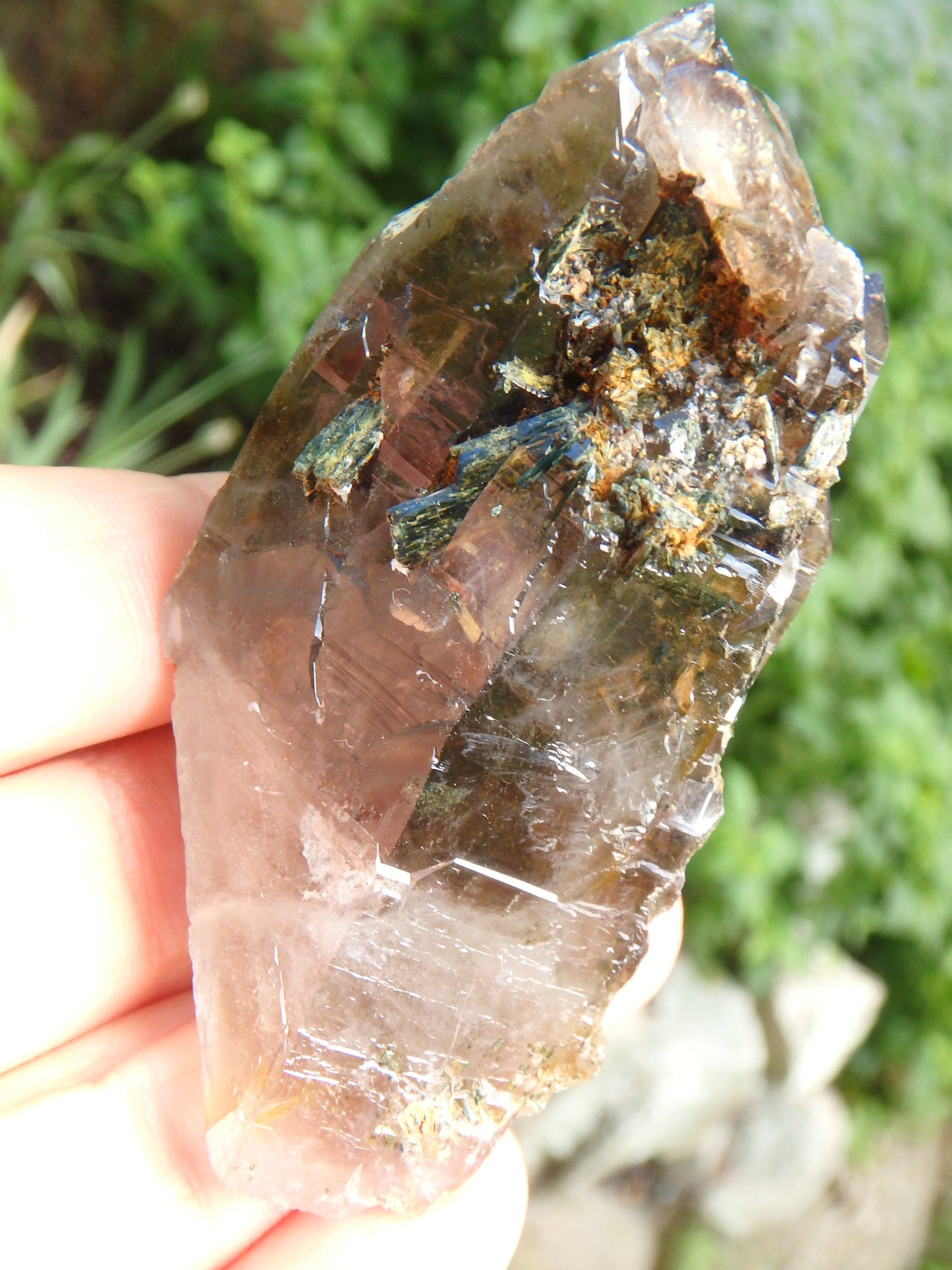 Brilliant Elestial Smoky Quartz With Forest Green Epidote Blades Nestled Inside - Earth Family Crystals
