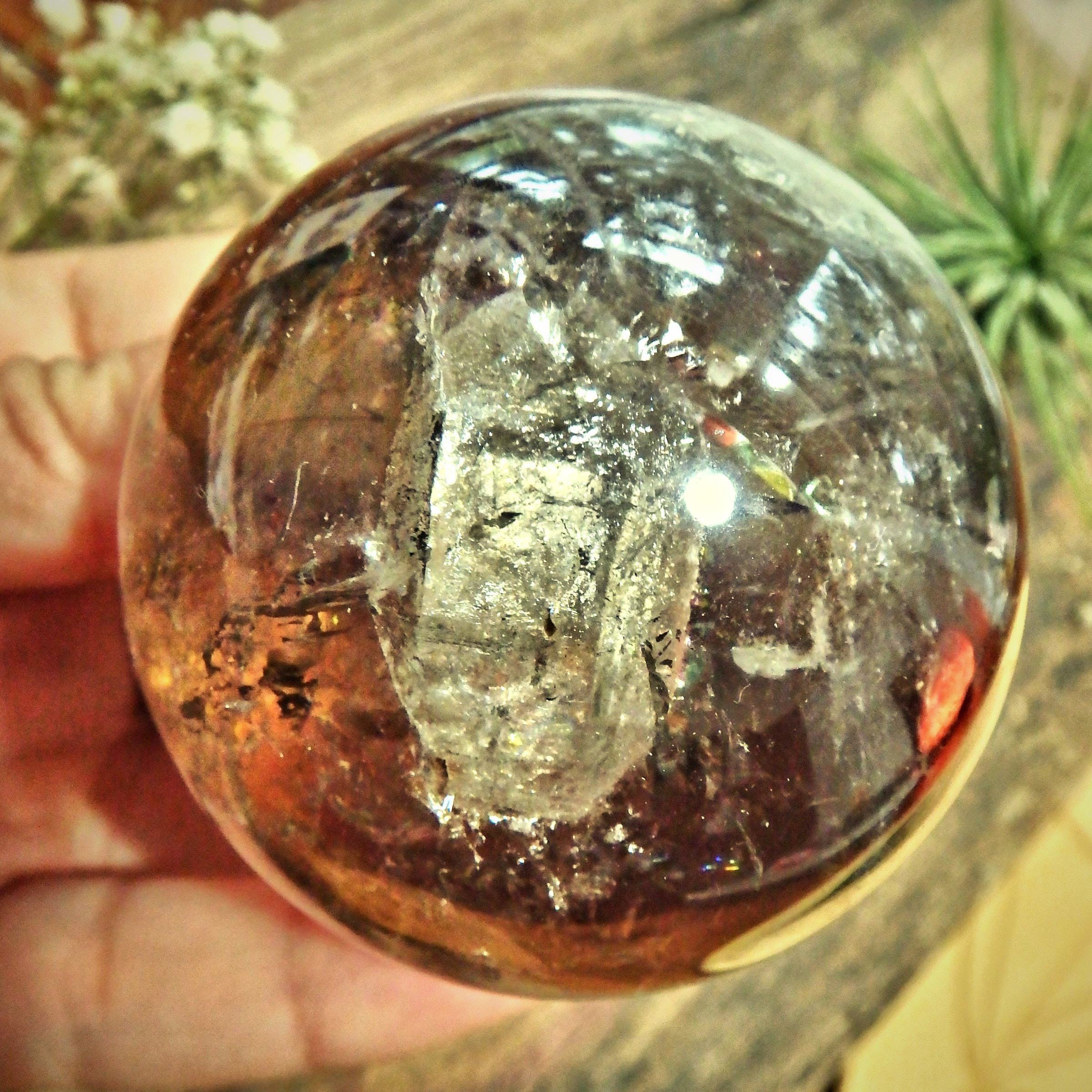 Breathtaking Unique Inner Child Point & Rainbows Smoky Quartz Sphere Carving - Earth Family Crystals