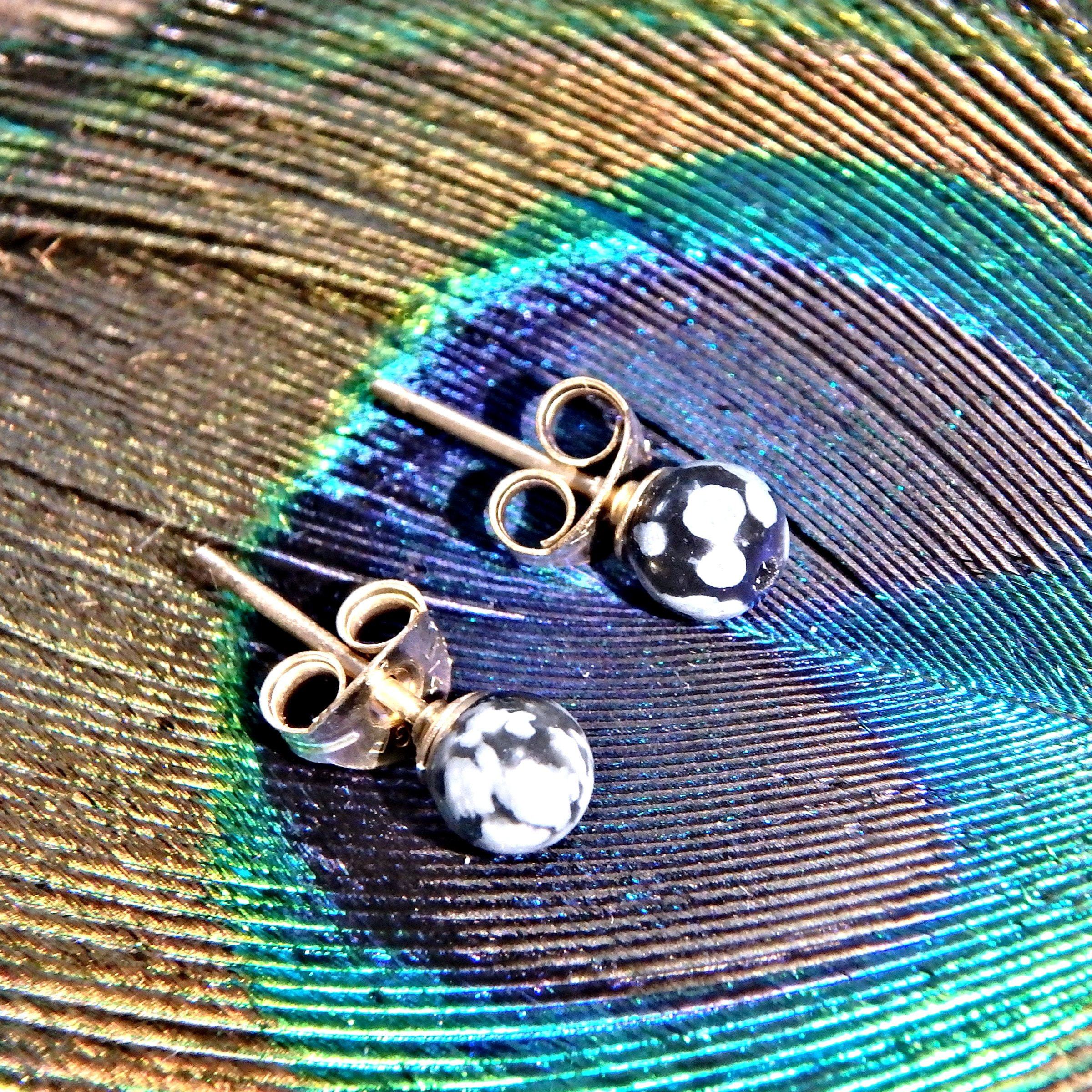 Dainty Snowflake Obsidian Stud Earrings Gold Fill - Earth Family Crystals