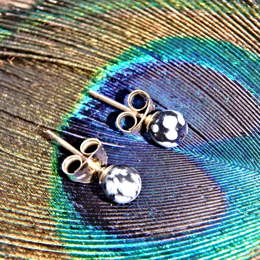 Dainty Snowflake Obsidian Stud Earrings Gold Fill - Earth Family Crystals