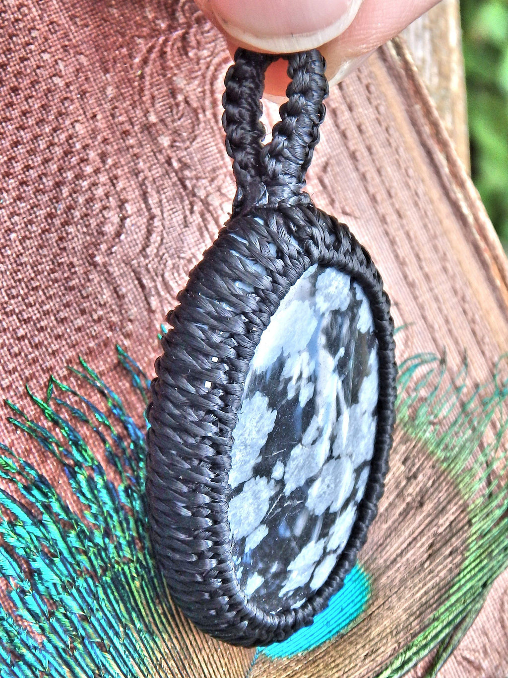 Billowy White Snowflake Obsidian  Macrame Wrapped Pendant - Earth Family Crystals