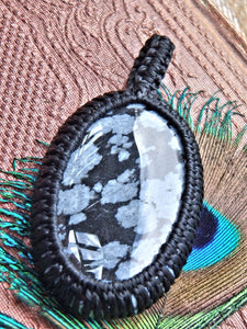 Billowy White Snowflake Obsidian  Macrame Wrapped Pendant - Earth Family Crystals