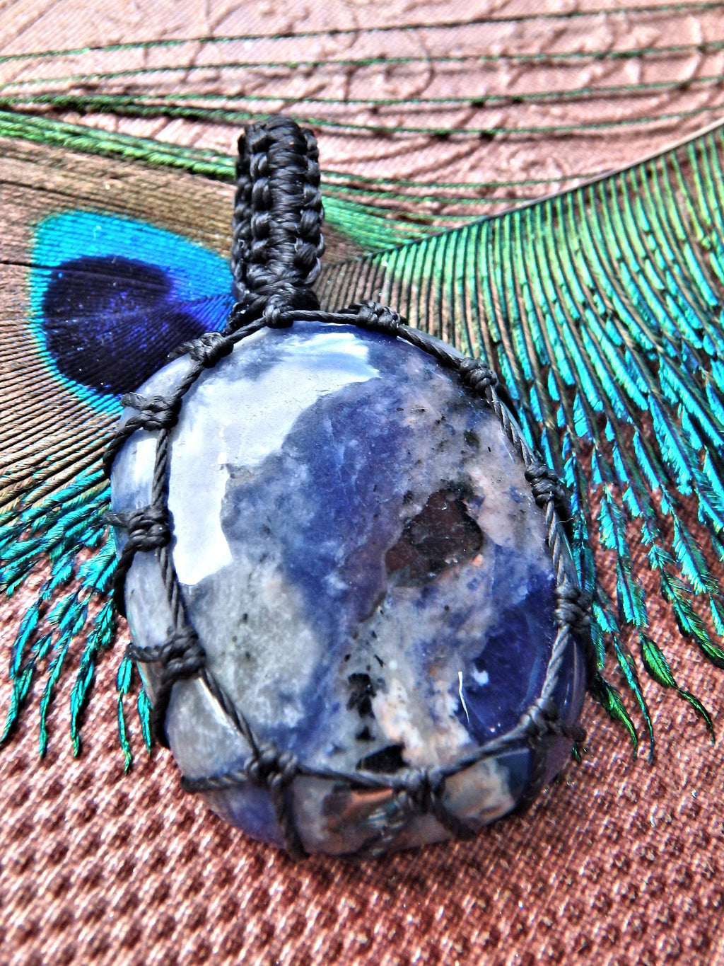 Cloudy Blue Sodalite  Macrame Wrapped Pendant - Earth Family Crystals