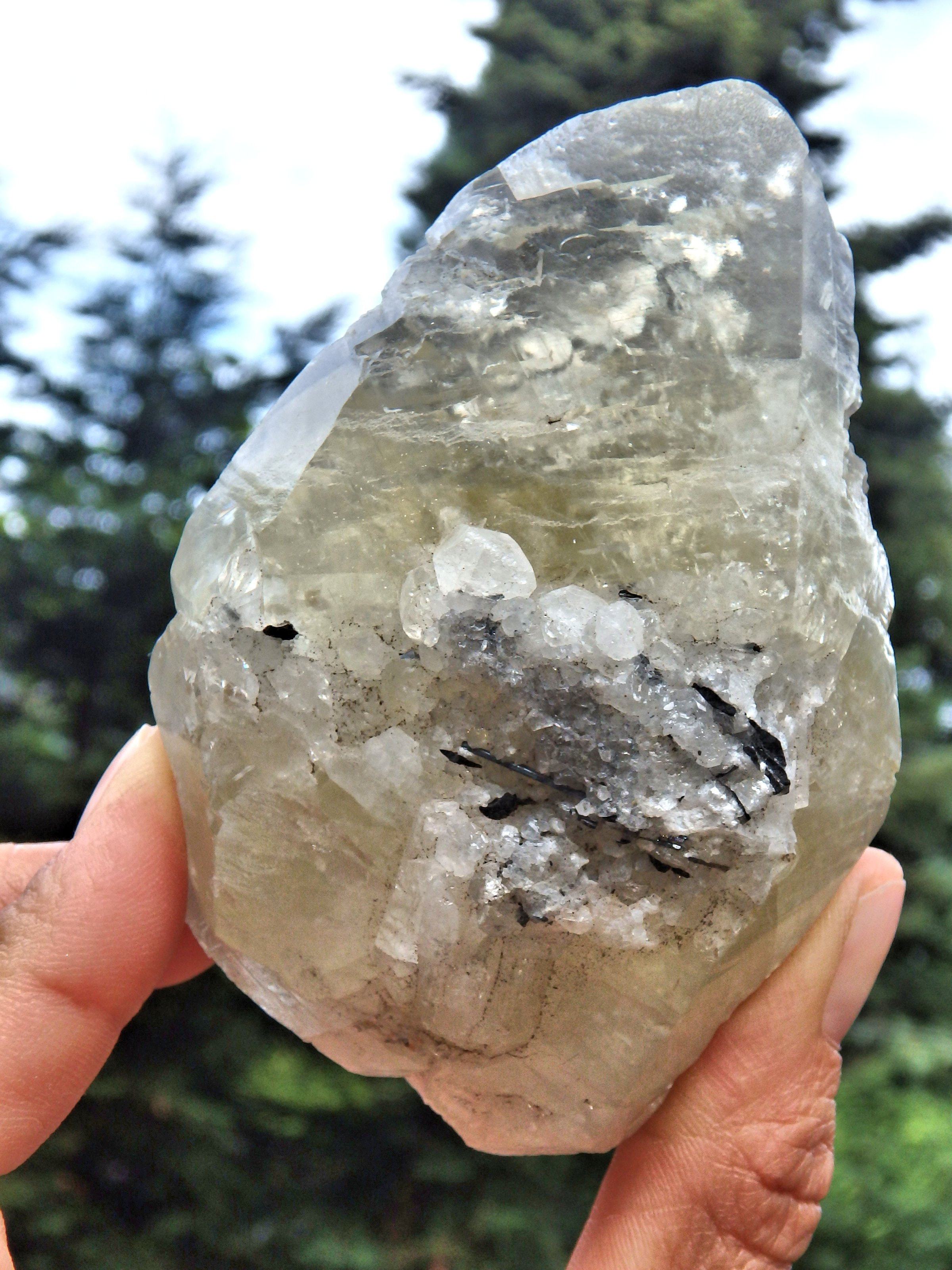 Brilliant Large Golden Calcite Point With Stibnite Inclusions & Self Healing - Earth Family Crystals