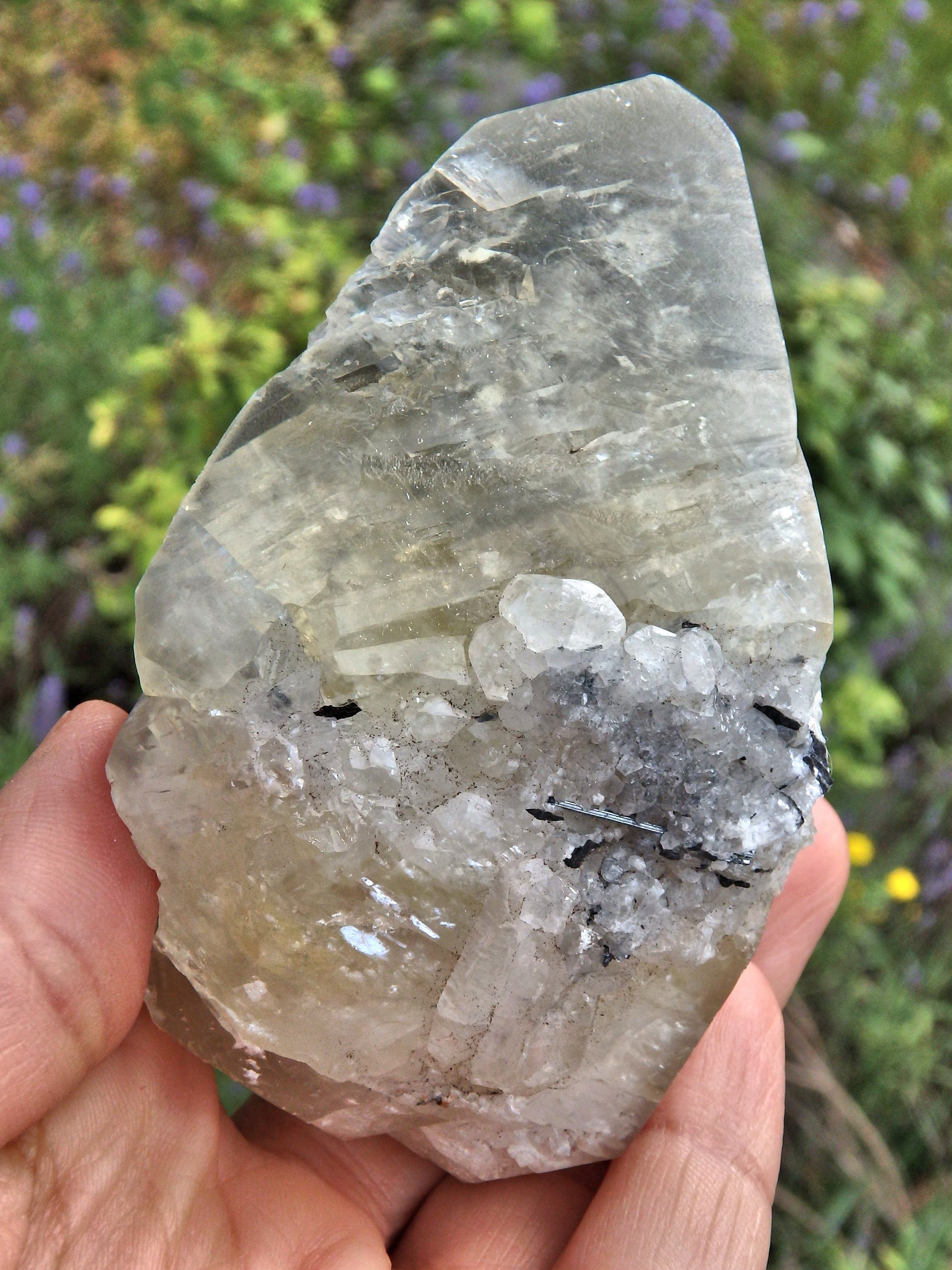 Brilliant Large Golden Calcite Point With Stibnite Inclusions & Self Healing - Earth Family Crystals