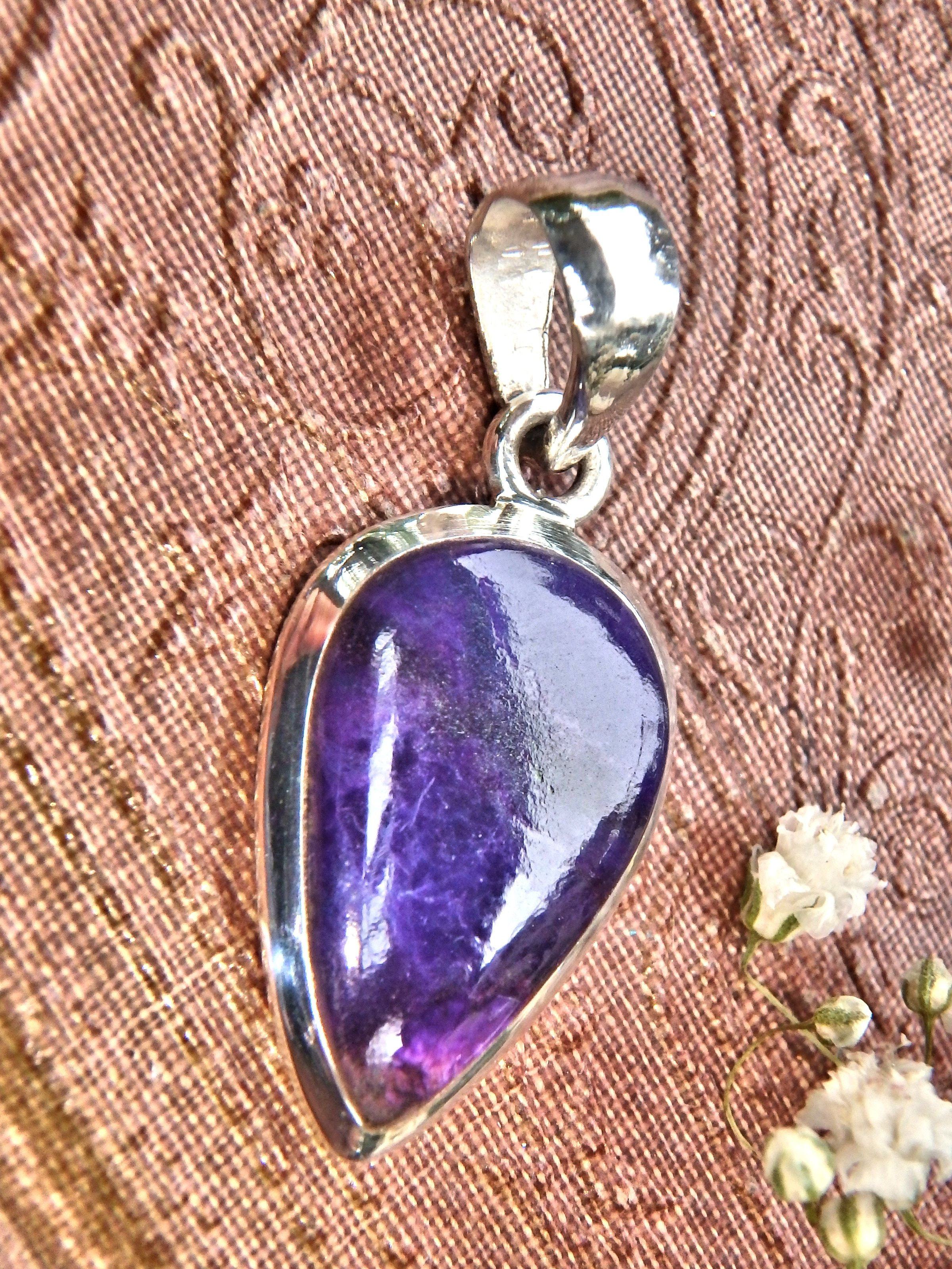 Dark Purple Real Sugilite Pendant in Sterling Silver (Includes Silver Chain)1