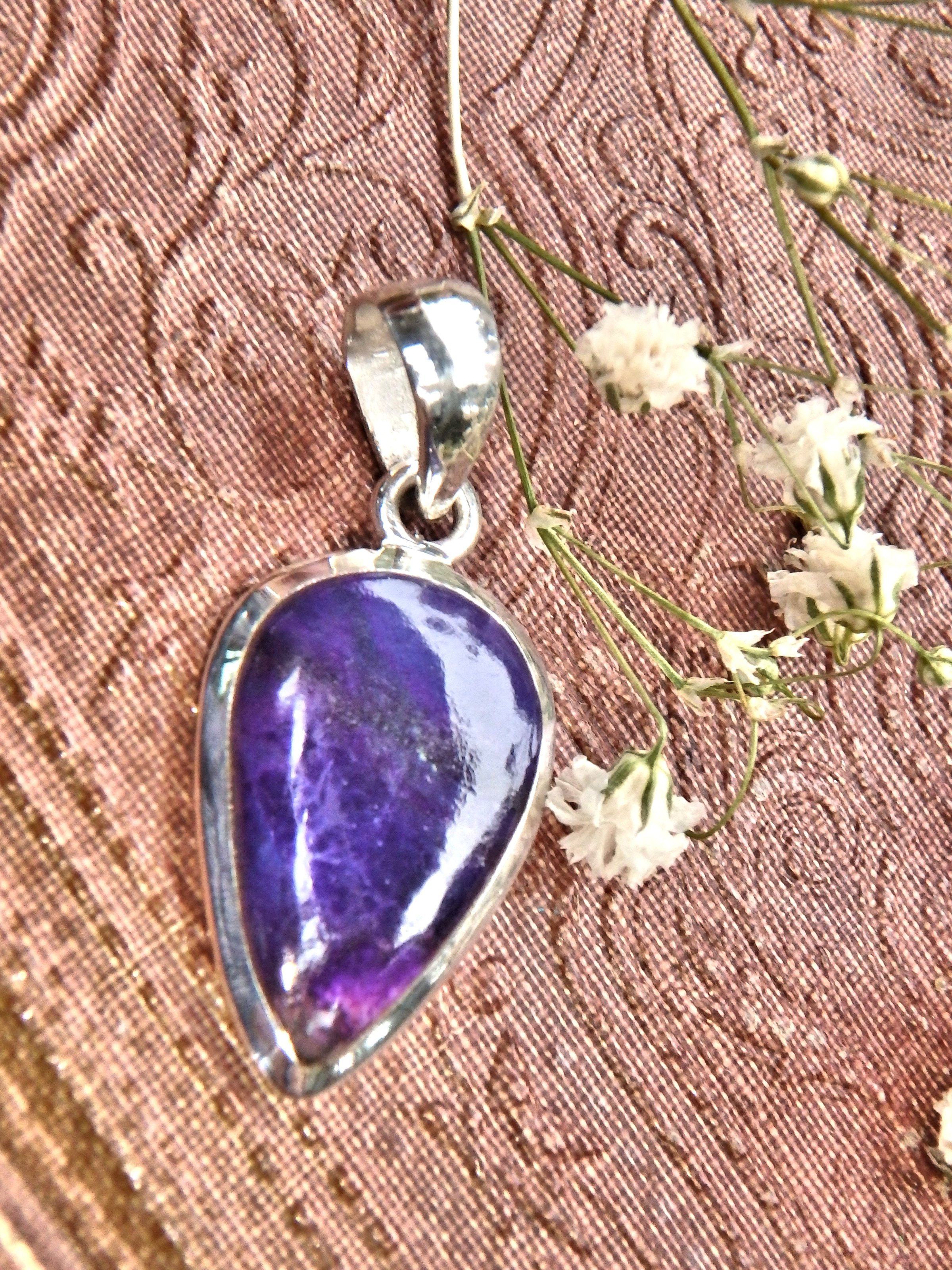 Dark Purple Real Sugilite Pendant in Sterling Silver (Includes Silver Chain)1