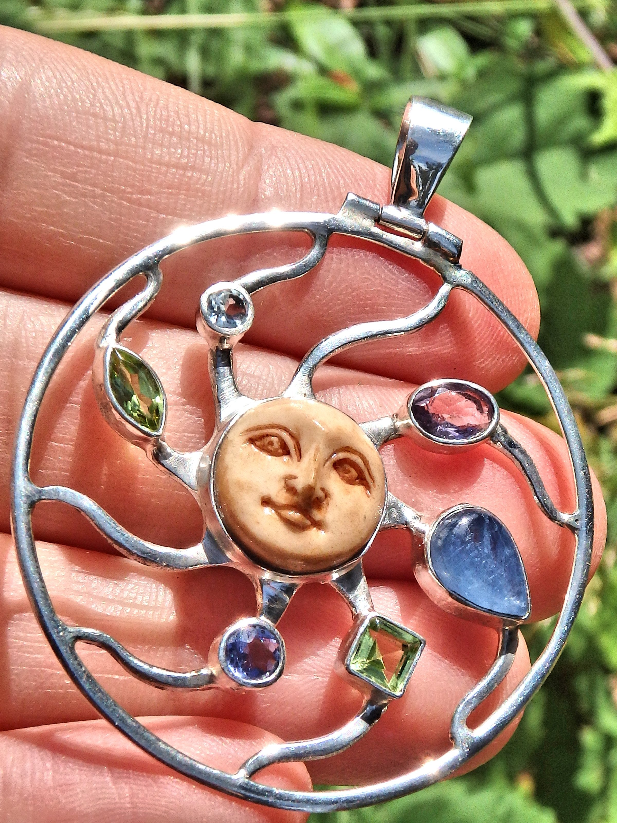Pretty Blue Kyanite, Peridot, Blue Topaz, Amethyst & Iolite Bone Sun Carved  Pendant in Sterling Silver (Includes Silver Chain)
