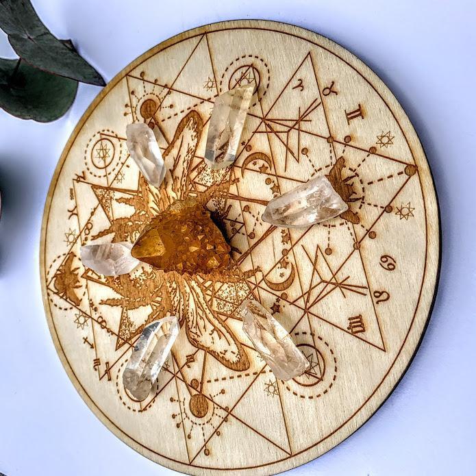 Crystal Mandala Set -Includes Honey Bee Sri Yantra Birch Wood Board, Natural Golden Spirit Quartz & 6 Golden Healer Quartz Points - Earth Family Crystals
