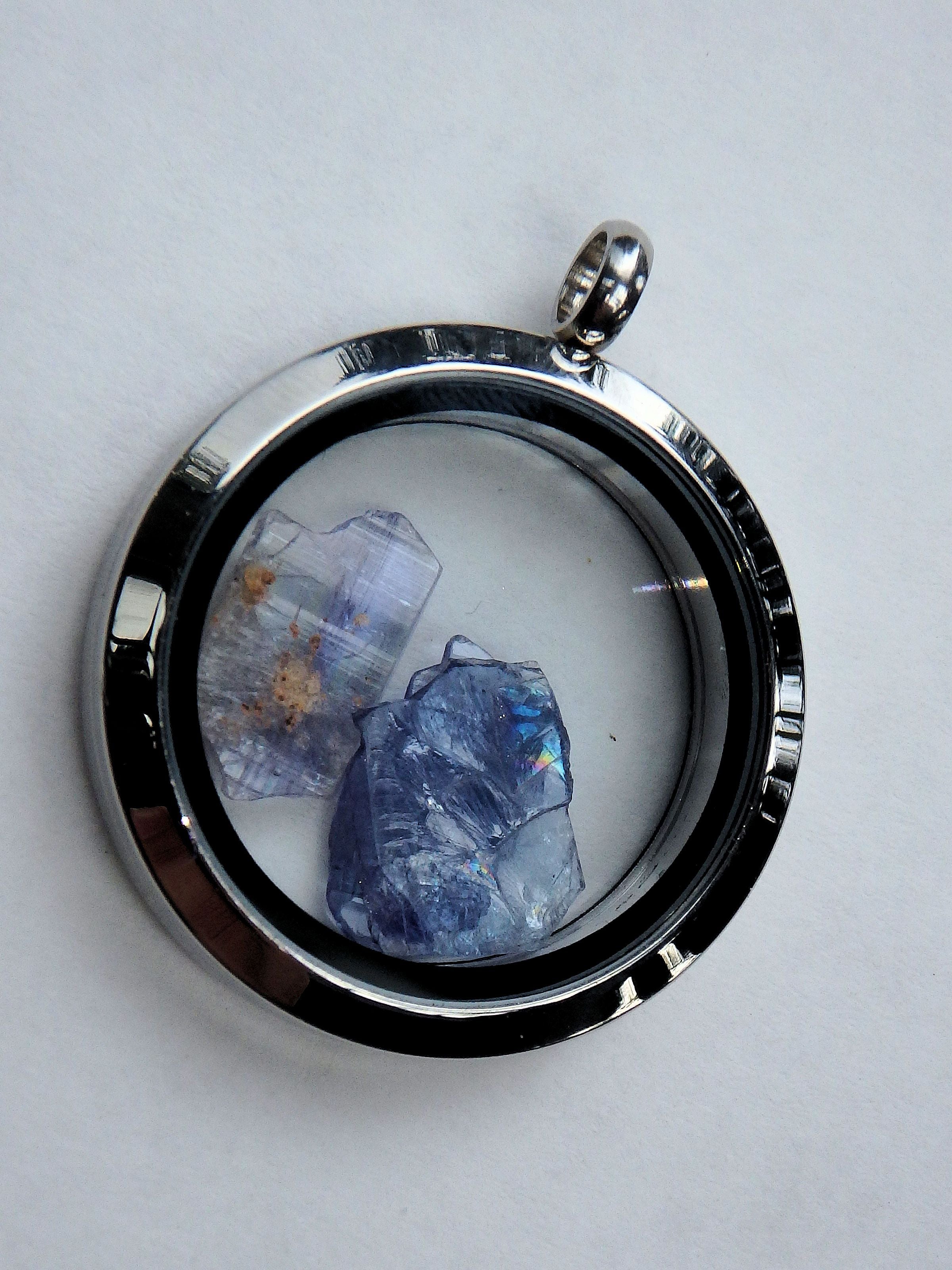 Floating Gemmy Tanzanite Natural Crystals in Stainless Steel Locket Style Pendant (Includes Silver Chain) - Earth Family Crystals