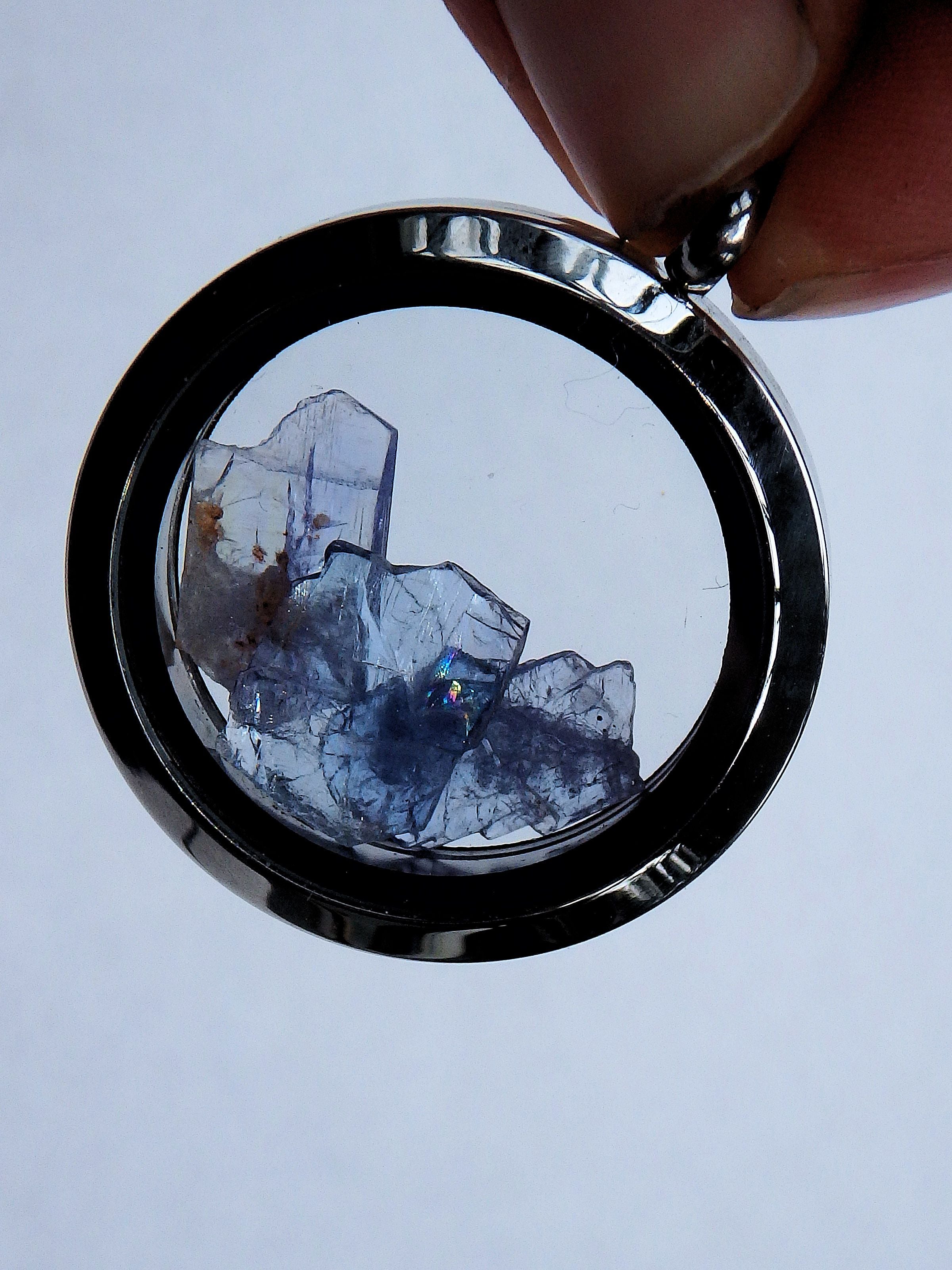 Floating Gemmy Tanzanite Natural Crystals in Stainless Steel Locket Style Pendant (Includes Silver Chain) - Earth Family Crystals