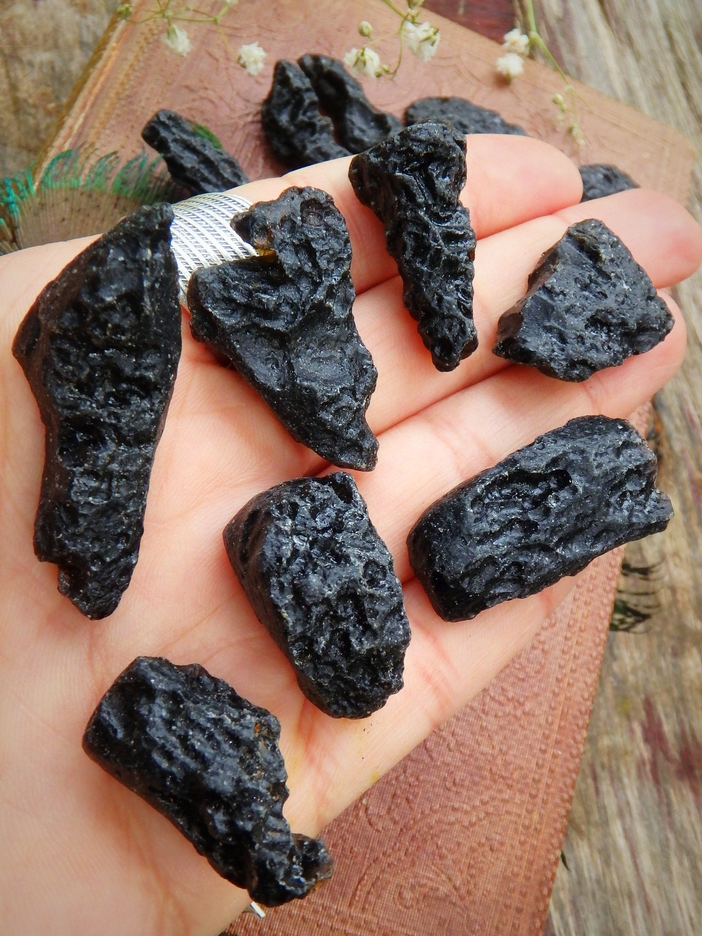 Set of 2 Black Tektite Natural Free Form Pocket Stones