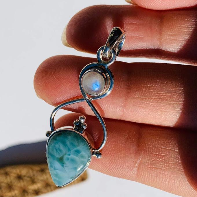 Gorgeous Blue Larimar & Moonstone Sterling Silver Pendant (Includes Silver Chain) #2 - Earth Family Crystals