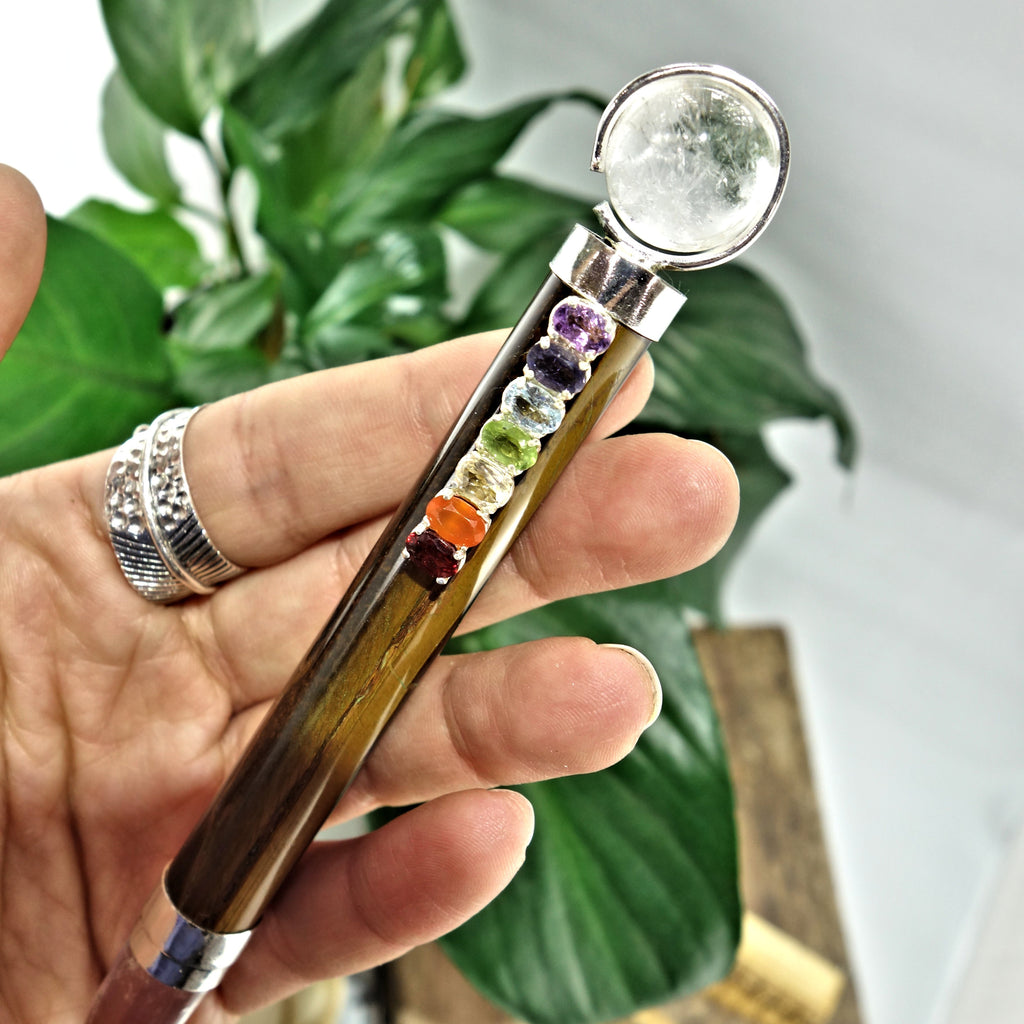 Gorgeous Faceted Chakra Gemstones On Tiger Eye & Clear Quartz Healing Wand - Earth Family Crystals