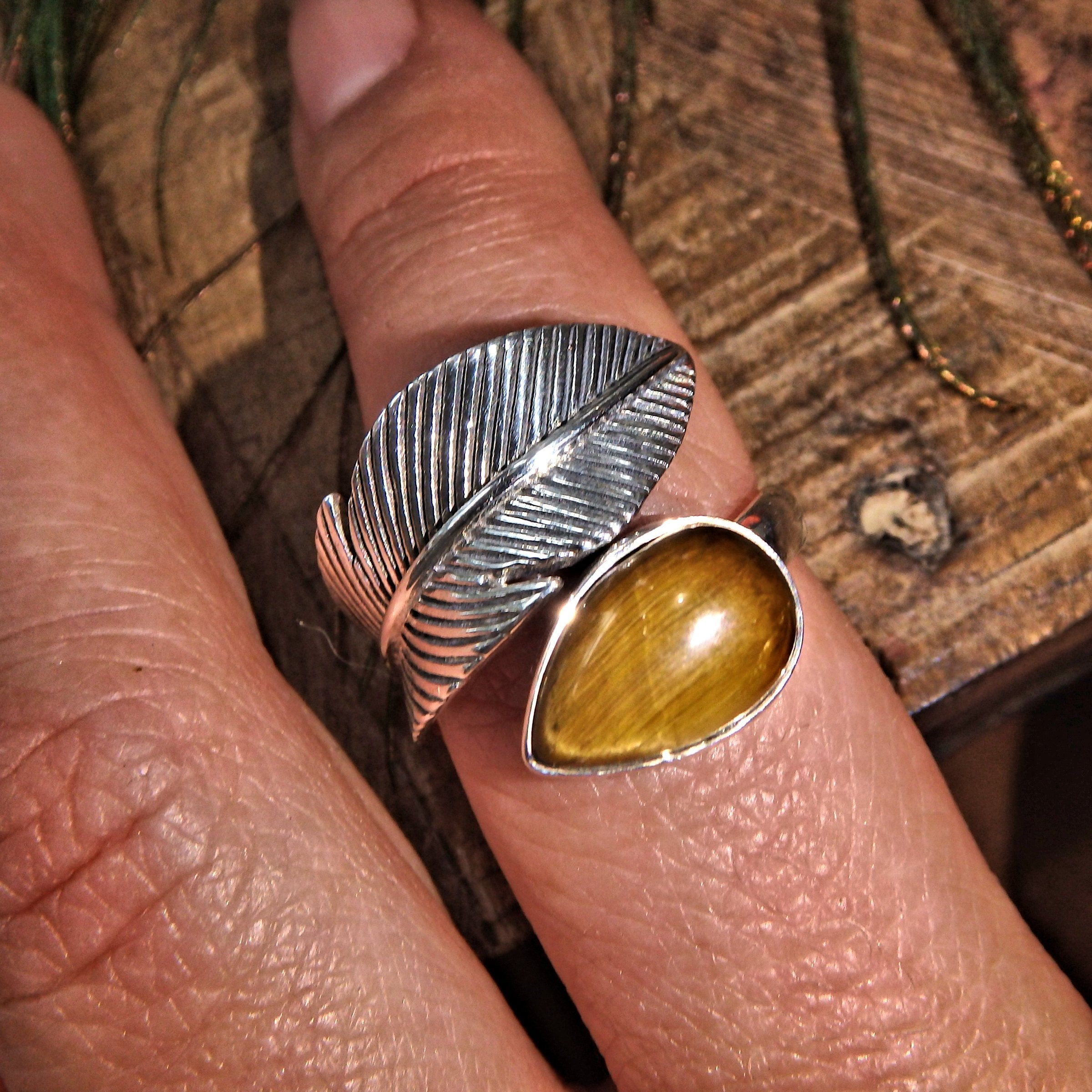 Stunning Tiger Eye Leaf Pattern Sterling Silver Ring (Adjustable Size 7-9) - Earth Family Crystals