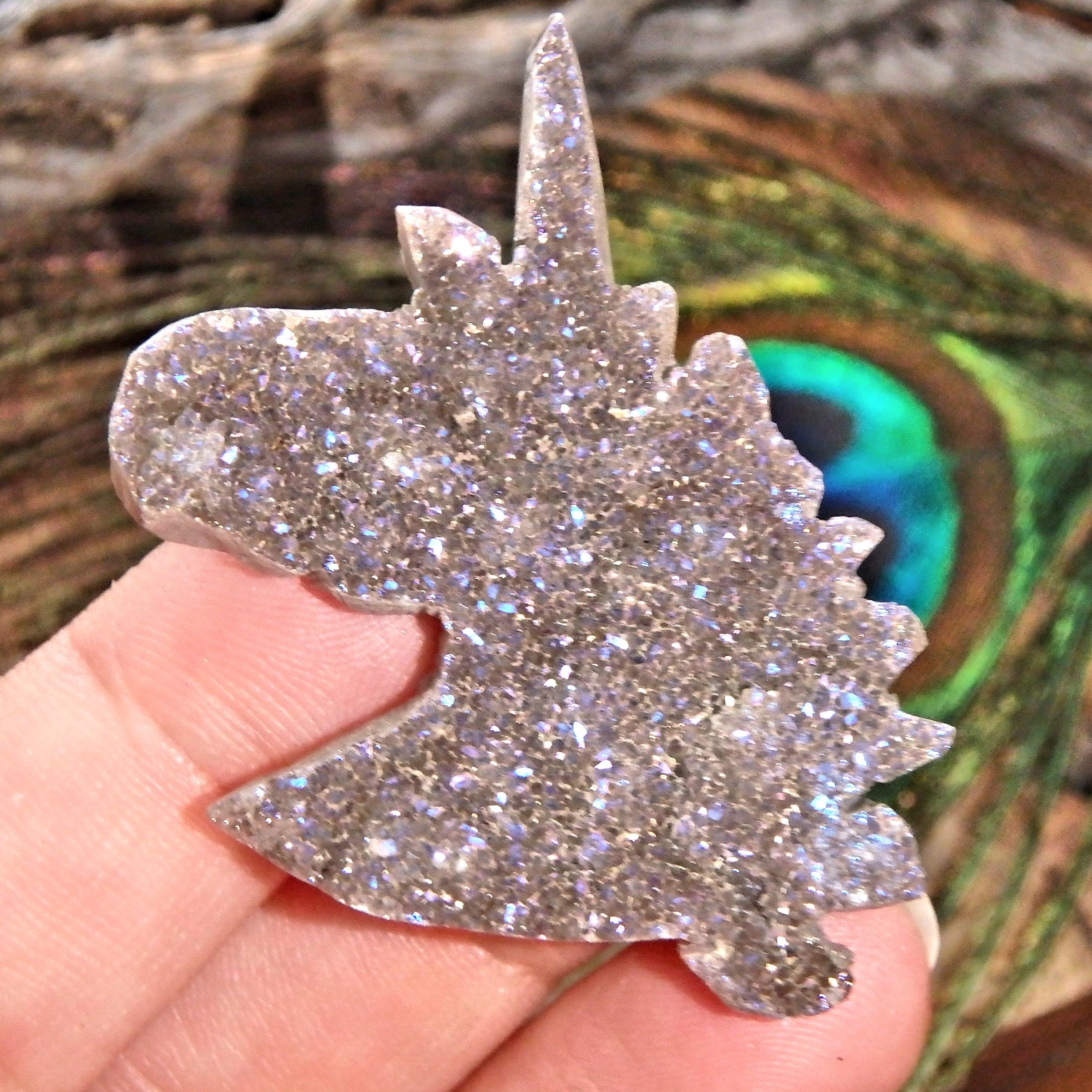 Uplifting Titanium Infused Aura Druzy Unicorn Carving Specimen 2 - Earth Family Crystals