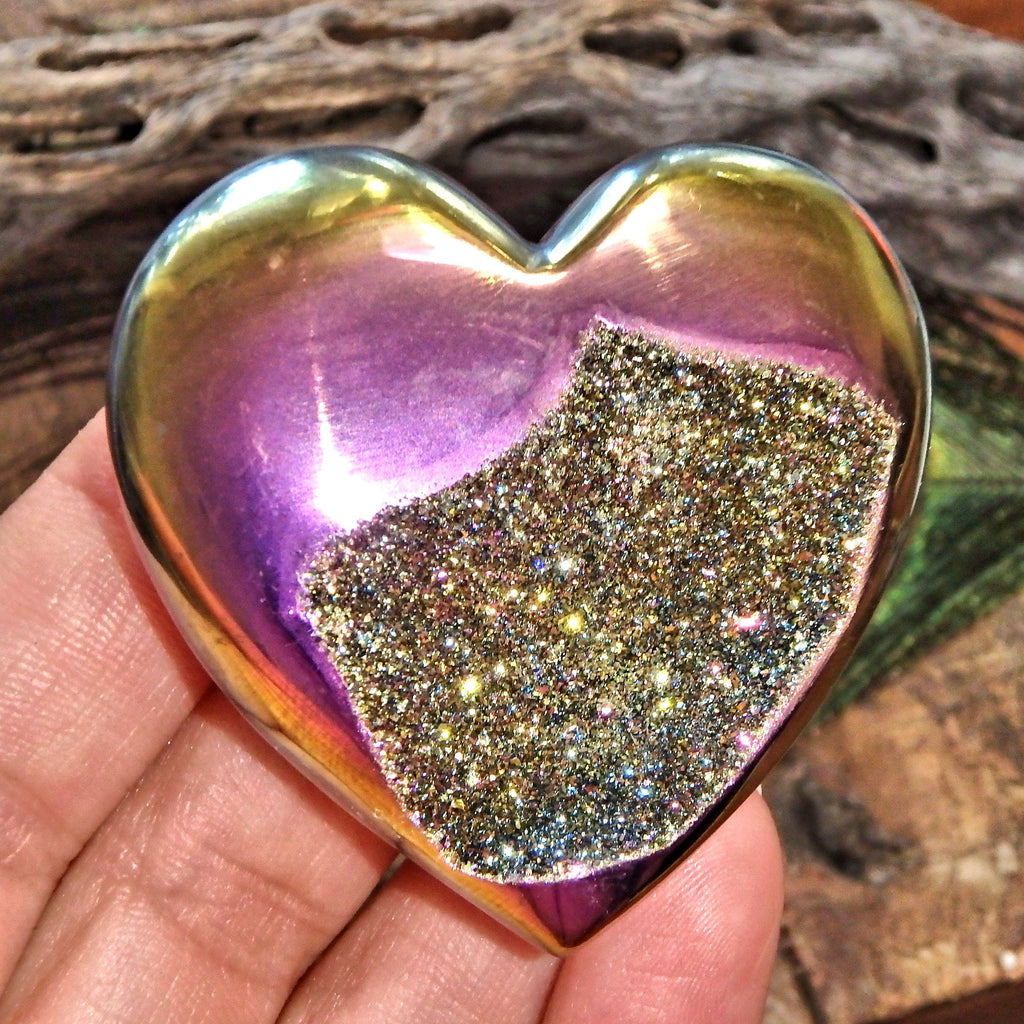 Brilliant Druzy Sparkle Rainbow Titanium Quartz & Agate Geode Heart Carving - Earth Family Crystals