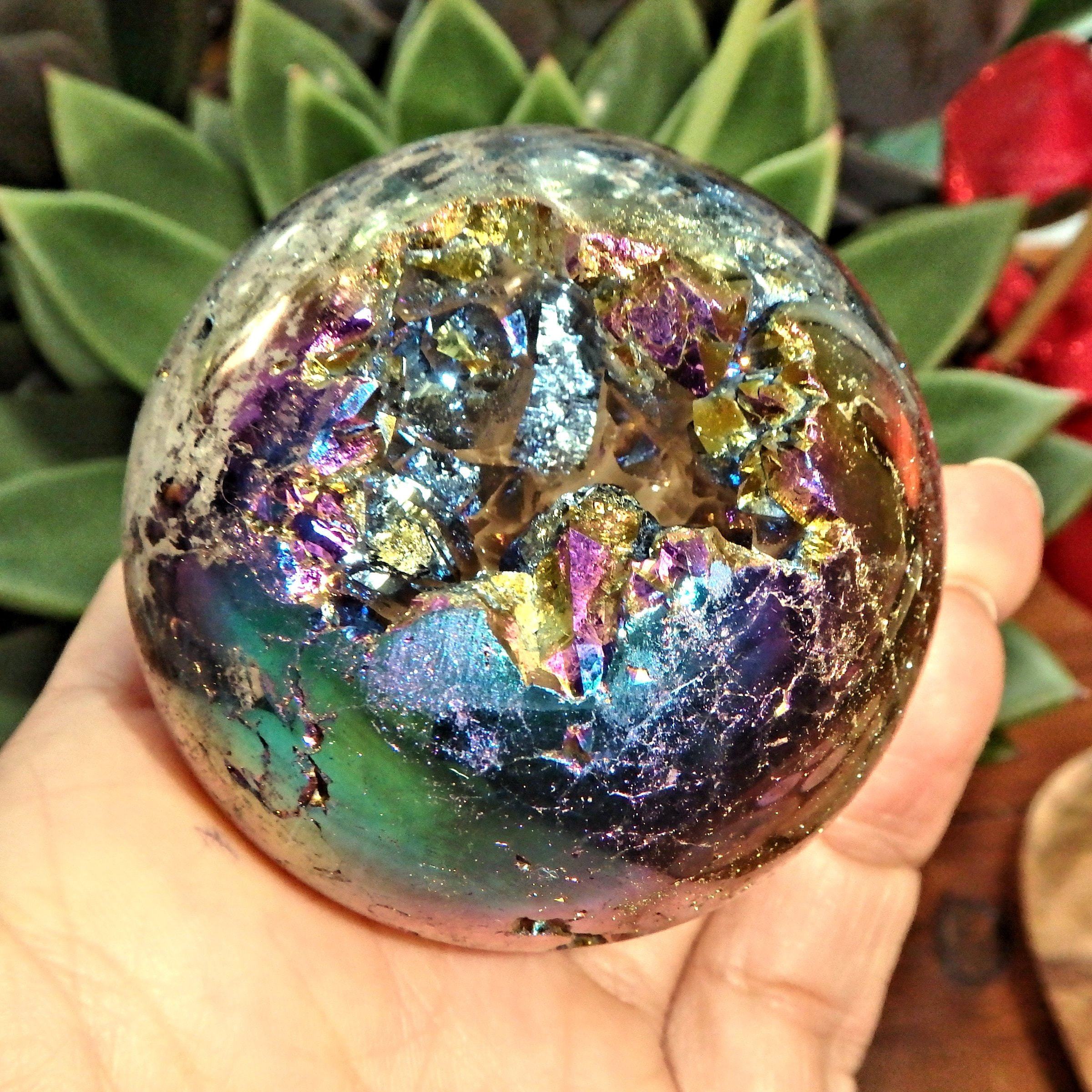 Deep Druzy Caves Rainbow Glow Titanium Quartz Geode Sphere From Brazil - Earth Family Crystals