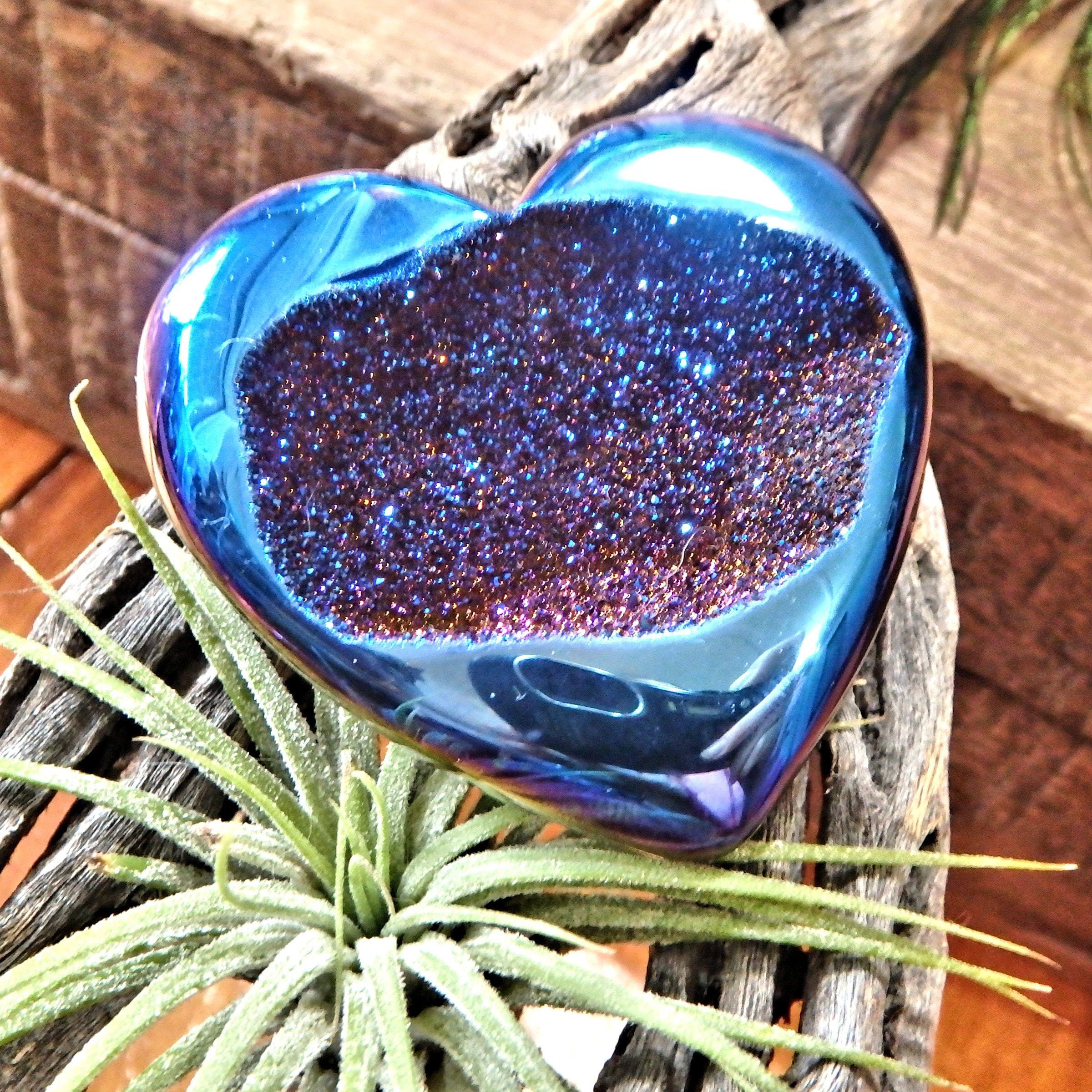 Brilliant Druzy Sparkle Cobalt Blue Titanium Quartz & Agate Geode Heart Carving - Earth Family Crystals