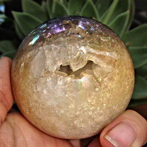 Deep Druzy Caves Rainbow Glow Titanium Quartz Geode Sphere From Brazil - Earth Family Crystals