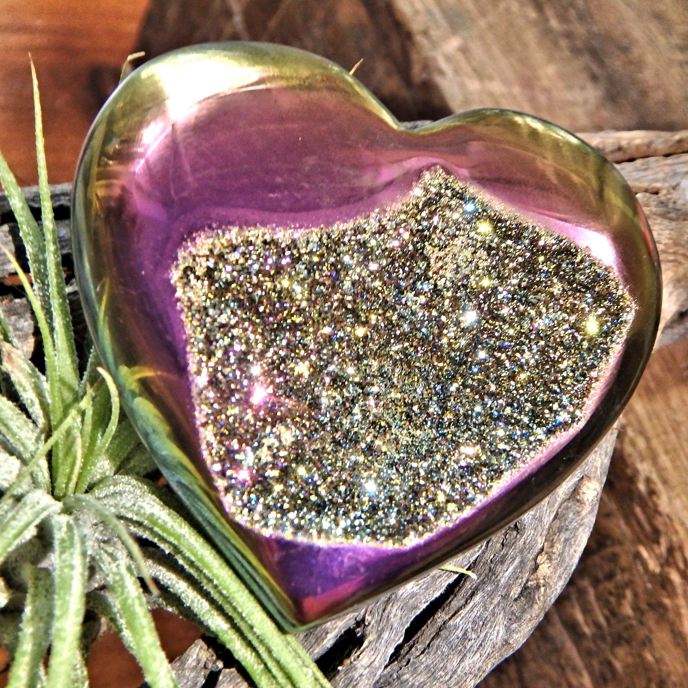 Brilliant Druzy Sparkle Rainbow Titanium Quartz & Agate Geode Heart Carving - Earth Family Crystals