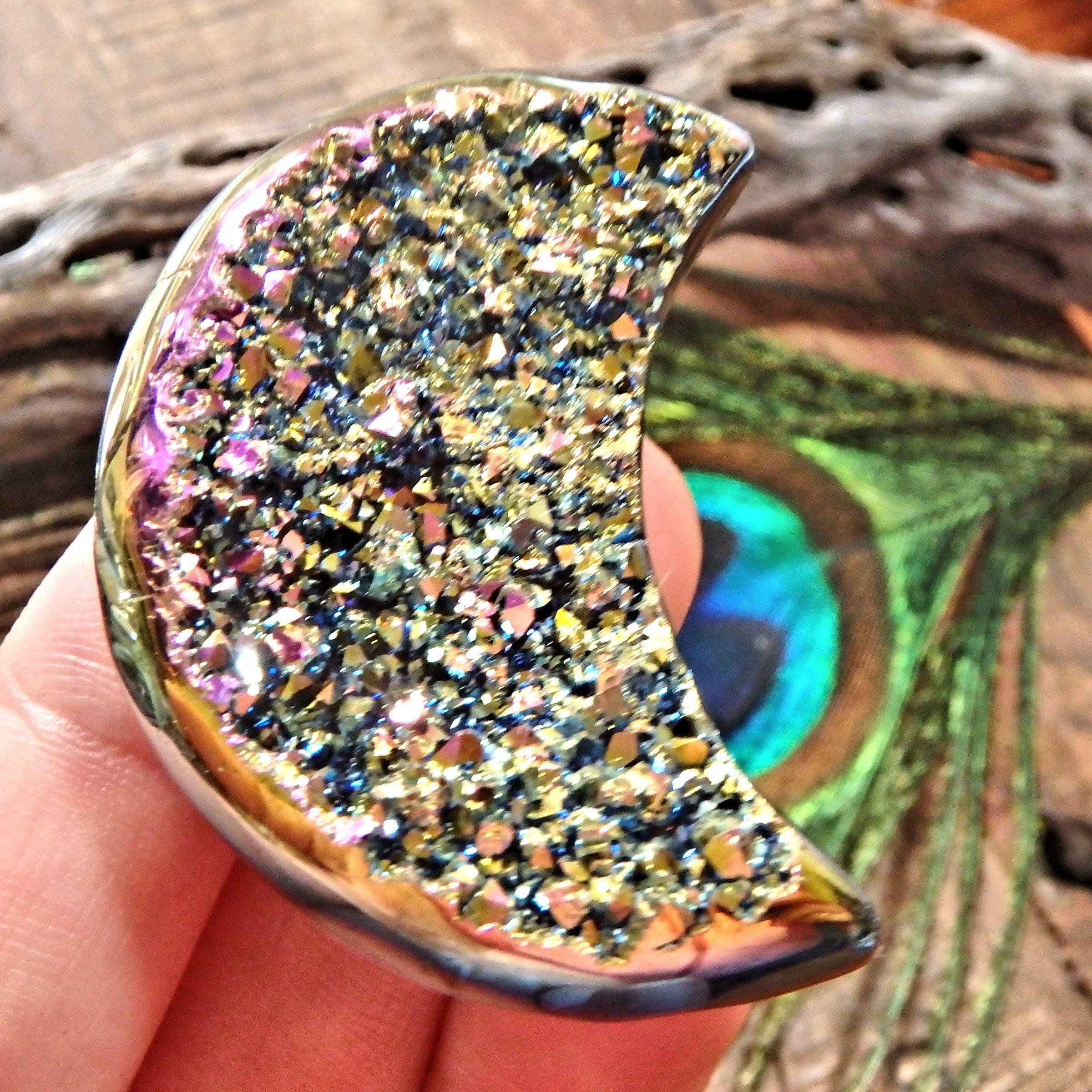 Adorable Druzy Sparkle Rainbow Titanium  Quartz & Agate Geode Crescent Moon Carving - Earth Family Crystals