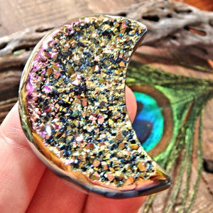 Adorable Druzy Sparkle Rainbow Titanium  Quartz & Agate Geode Crescent Moon Carving - Earth Family Crystals