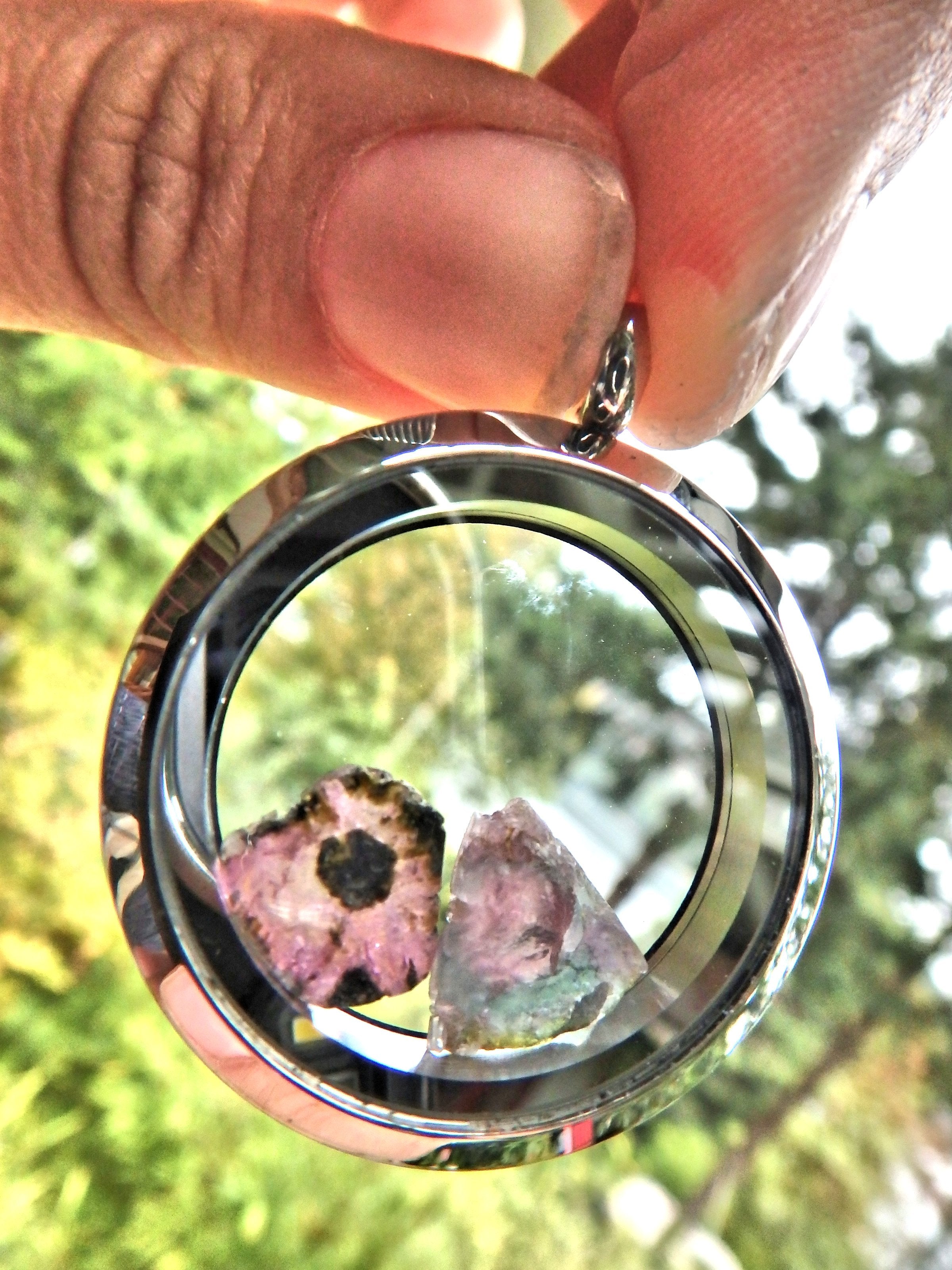Floating Pink & Blue Tourmaline Slices in Locket Style Stainless Steel Pendant (Includes Silver Chain) - Earth Family Crystals