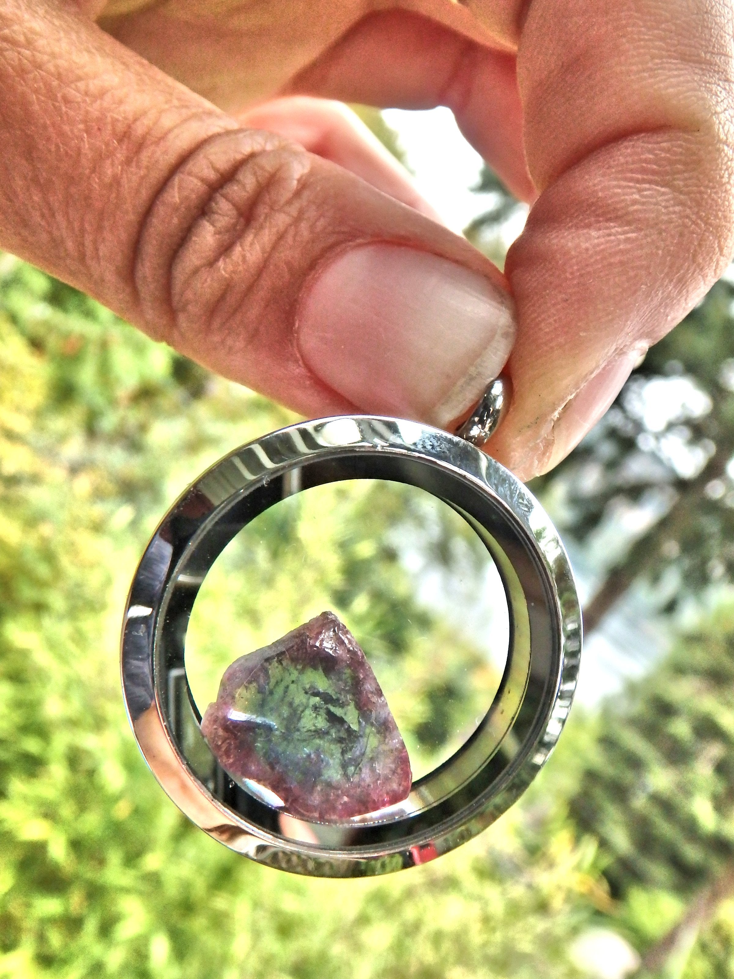 Gorgeous Blue & Pink Tourmaline Slice Floating in Locket Style Stainless Steel Pendant (Includes Silver Chain) - Earth Family Crystals