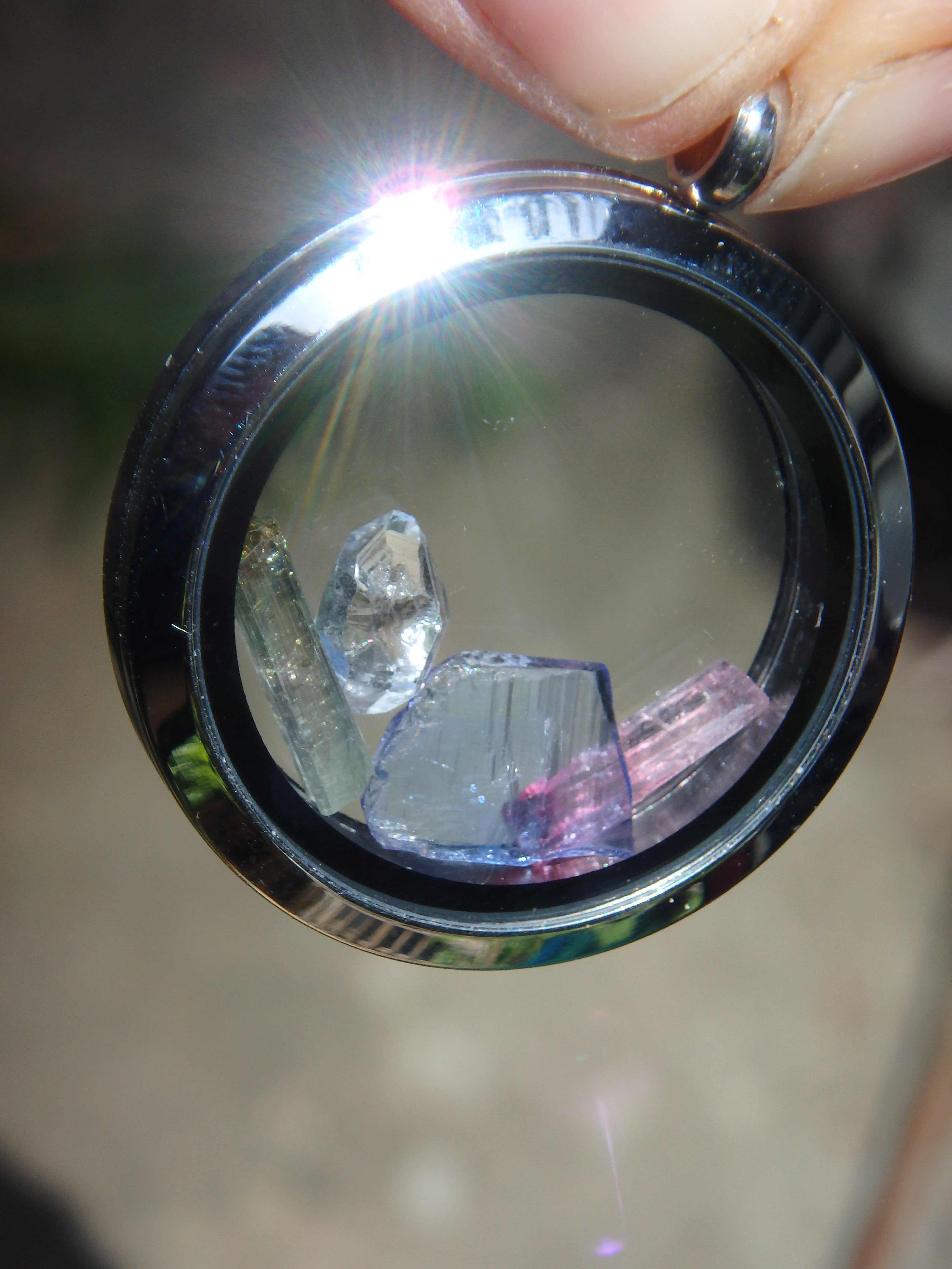 Power Combo~Herkimer Diamond, Tanzanite & Green & Pink Tourmaline Points Floating in Stainless Steel Locket Style Pendant (Includes Silver Chain) - Earth Family Crystals