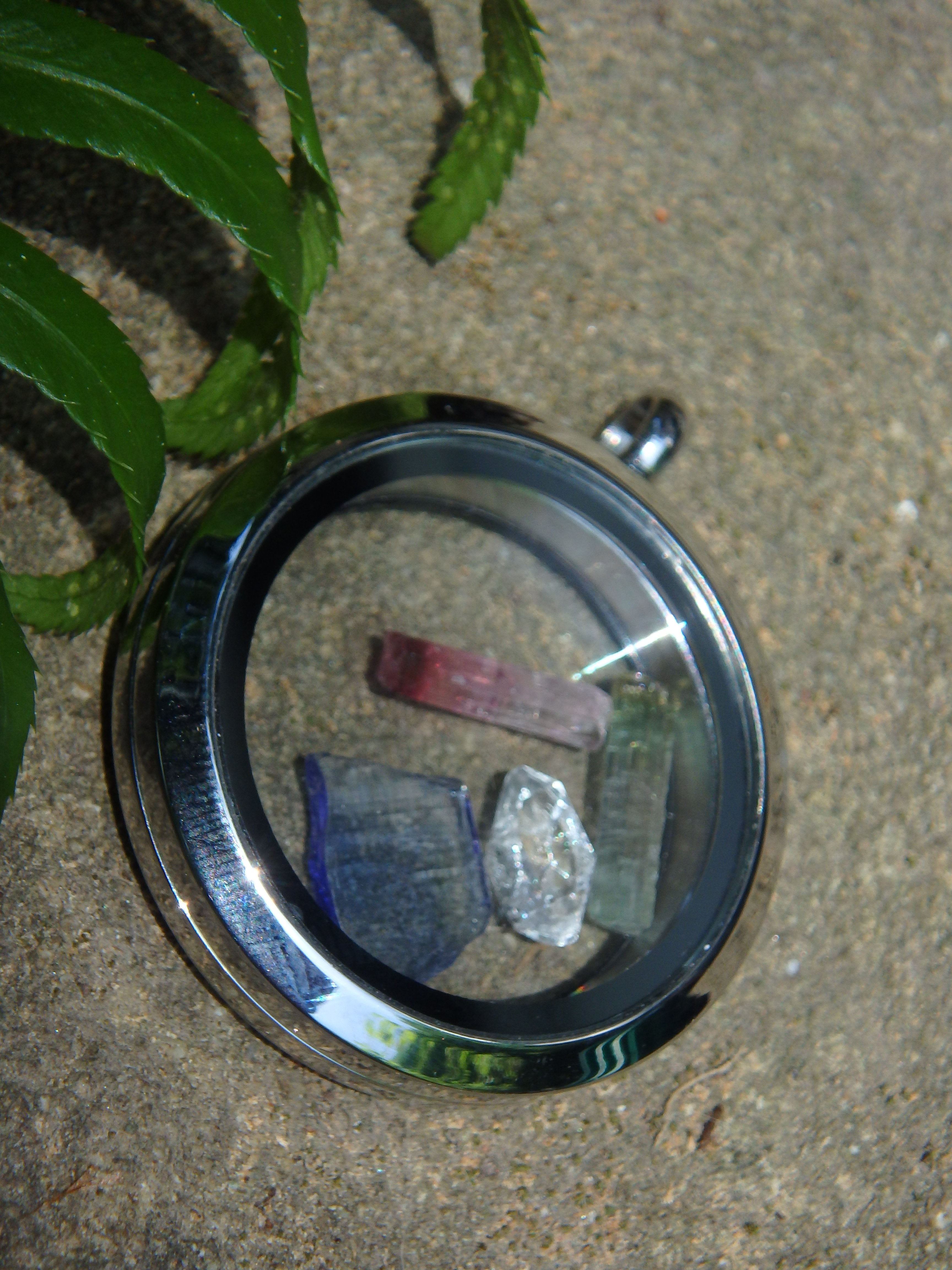 Power Combo~Herkimer Diamond, Tanzanite & Green & Pink Tourmaline Points Floating in Stainless Steel Locket Style Pendant (Includes Silver Chain) - Earth Family Crystals