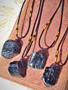 Protective Chunky Raw Black Tourmaline Stone on Adjustable Cord Necklace