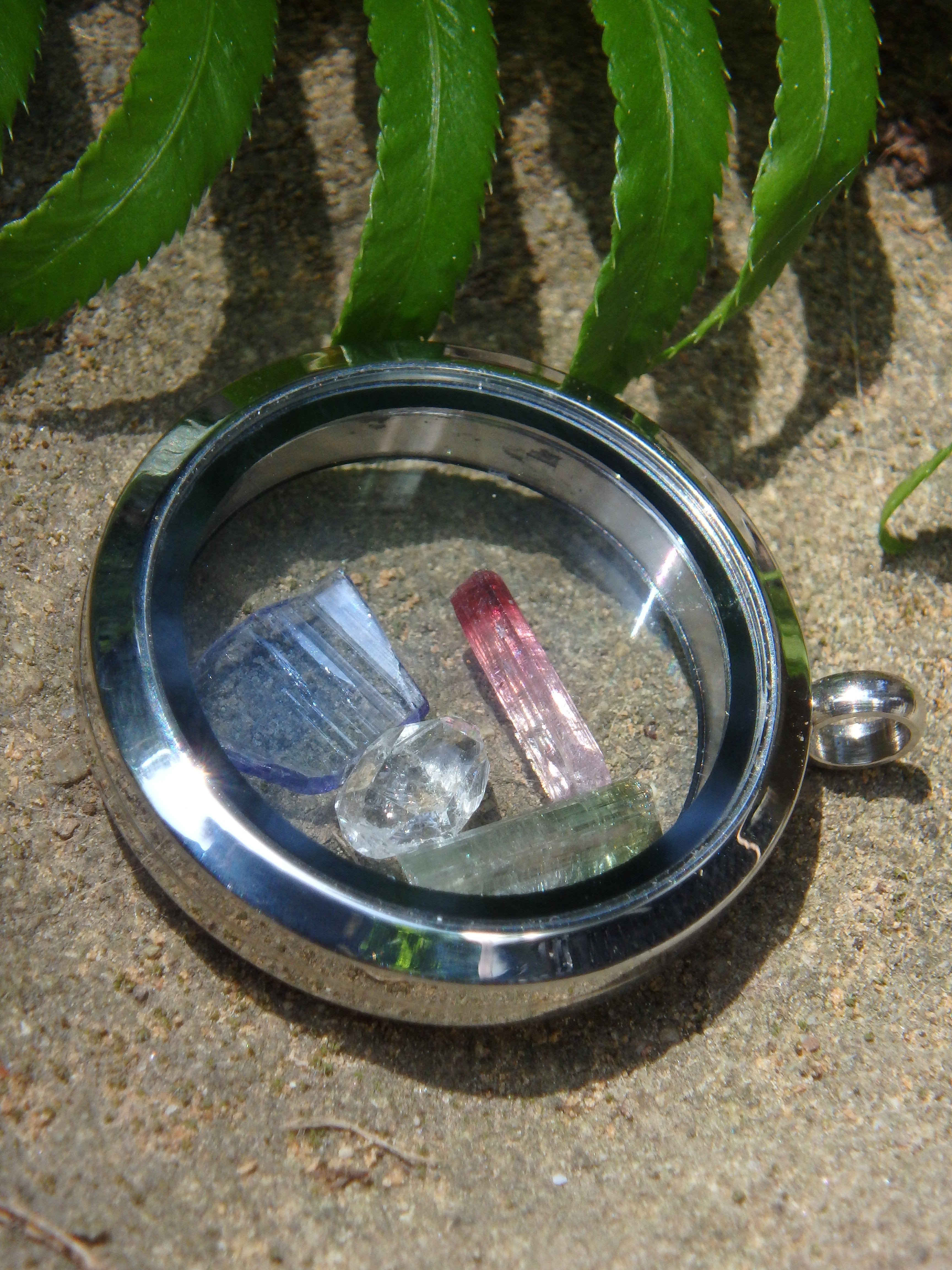 Power Combo~Herkimer Diamond, Tanzanite & Green & Pink Tourmaline Points Floating in Stainless Steel Locket Style Pendant (Includes Silver Chain) - Earth Family Crystals