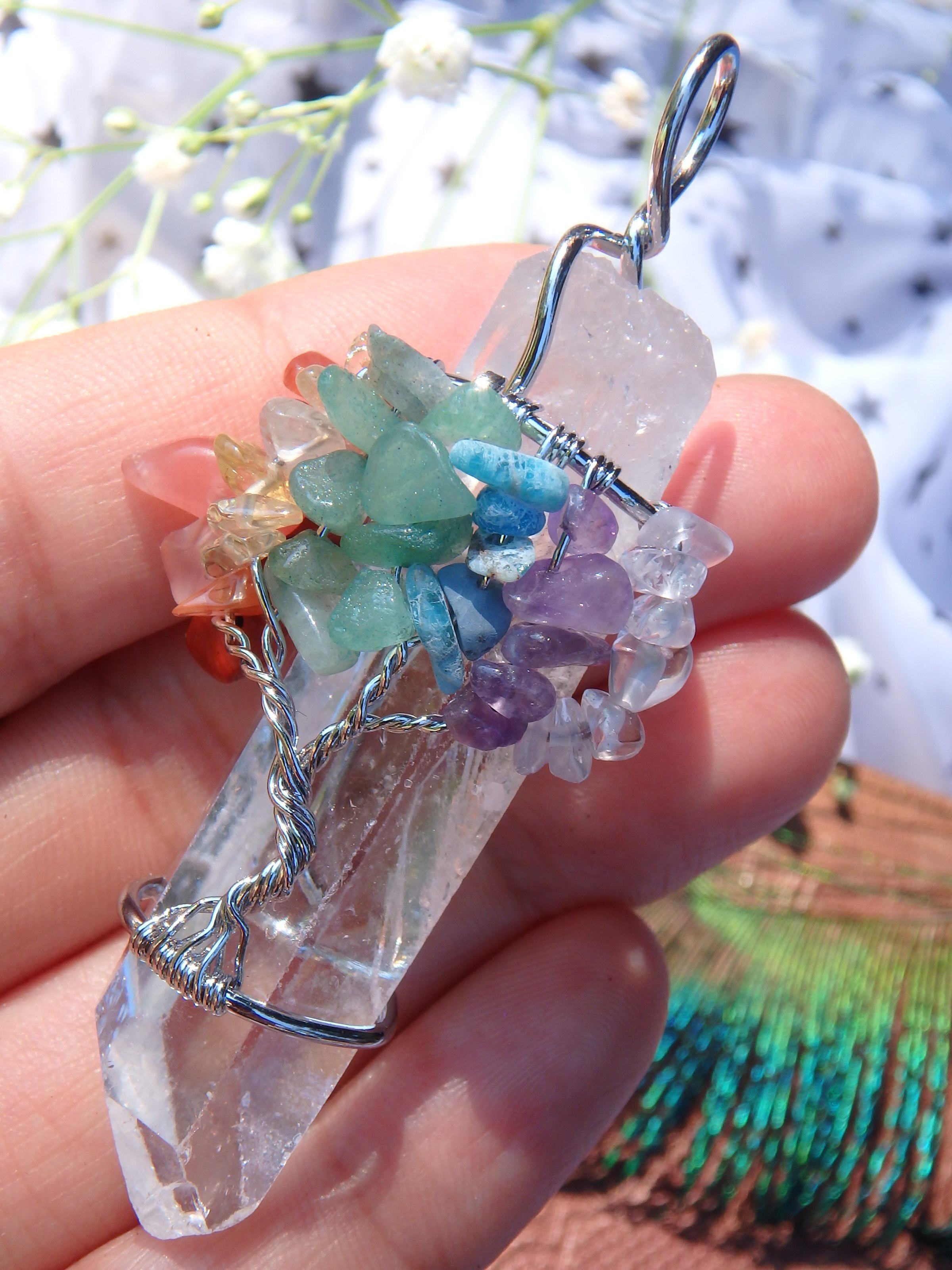 Chakra Stones Tree of Life Wire Wrapped Quartz Point Pendant - Earth Family Crystals