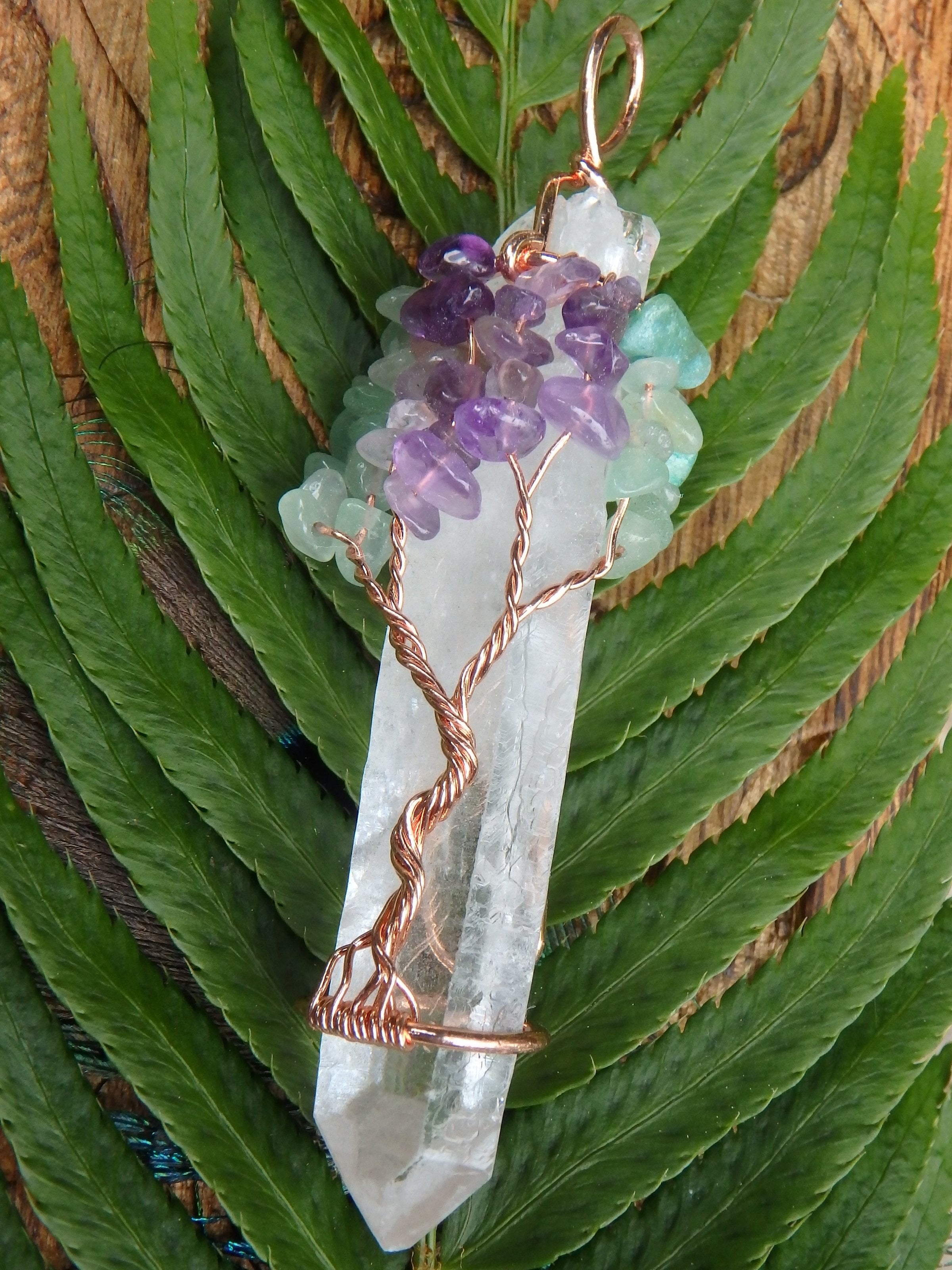 Tree of Life Wire Wrapped Clear Quartz Point With Amethyst & Aventurine Pendant - Earth Family Crystals